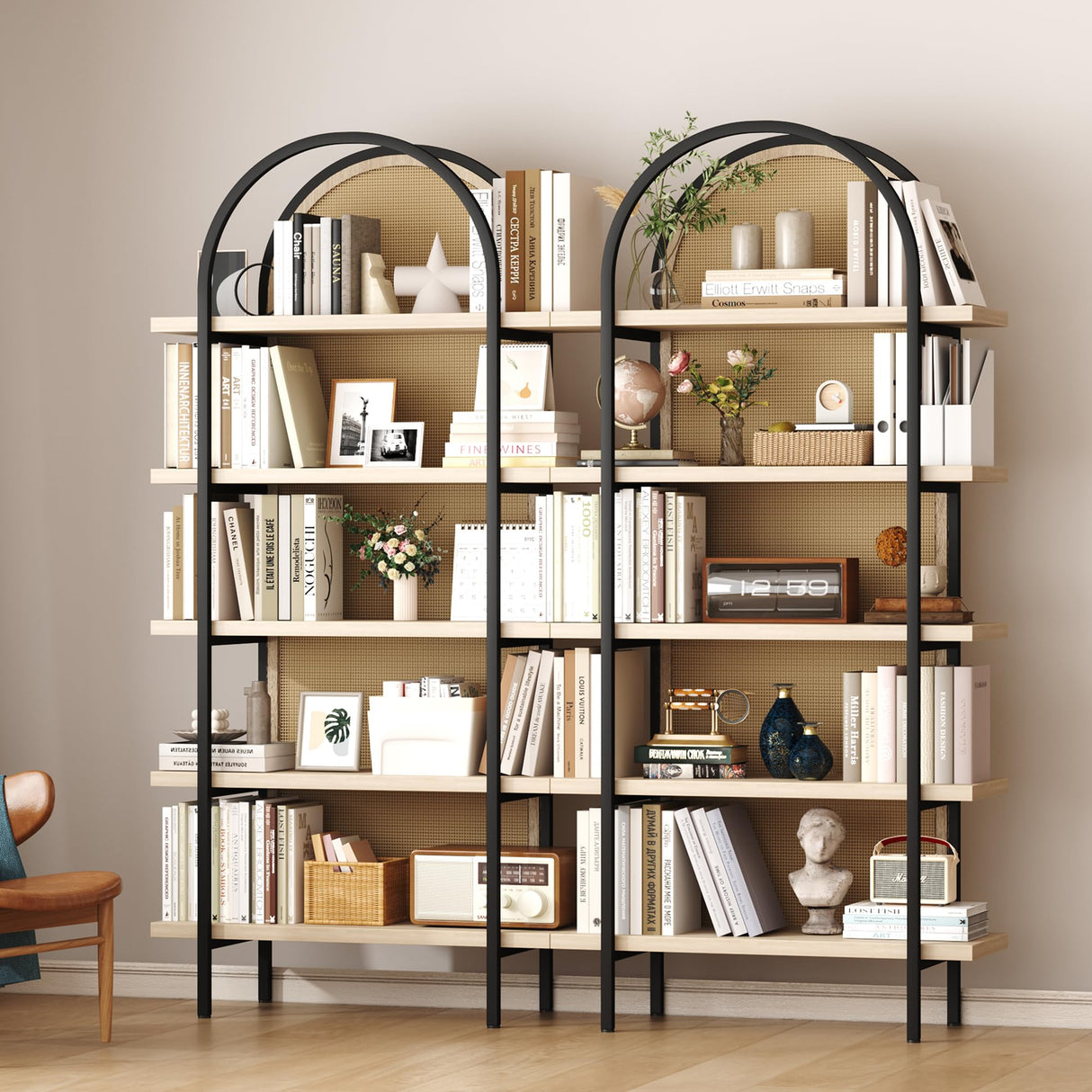 Yusong Bookshelf Rattan 5 Tier Arched Bookcase, 74" Tall Industrial Open Book Shelves for Living Room, Modern Freestanding Display Shelving Boho Storage Rack with Metal Frame for Office, Brown Yusong
