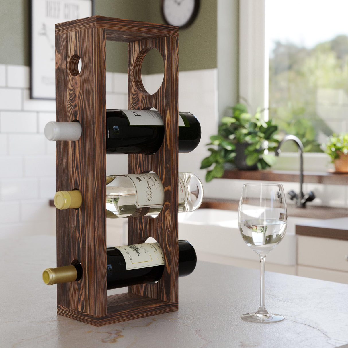 Rustic State Sonoma Wall Mounted Wood Vertical Wine Rack Holder Storage Shelf Organizer for 4 Bottles - Home, Kitchen, Dining Room Bar Décor - Walnut Rustic State