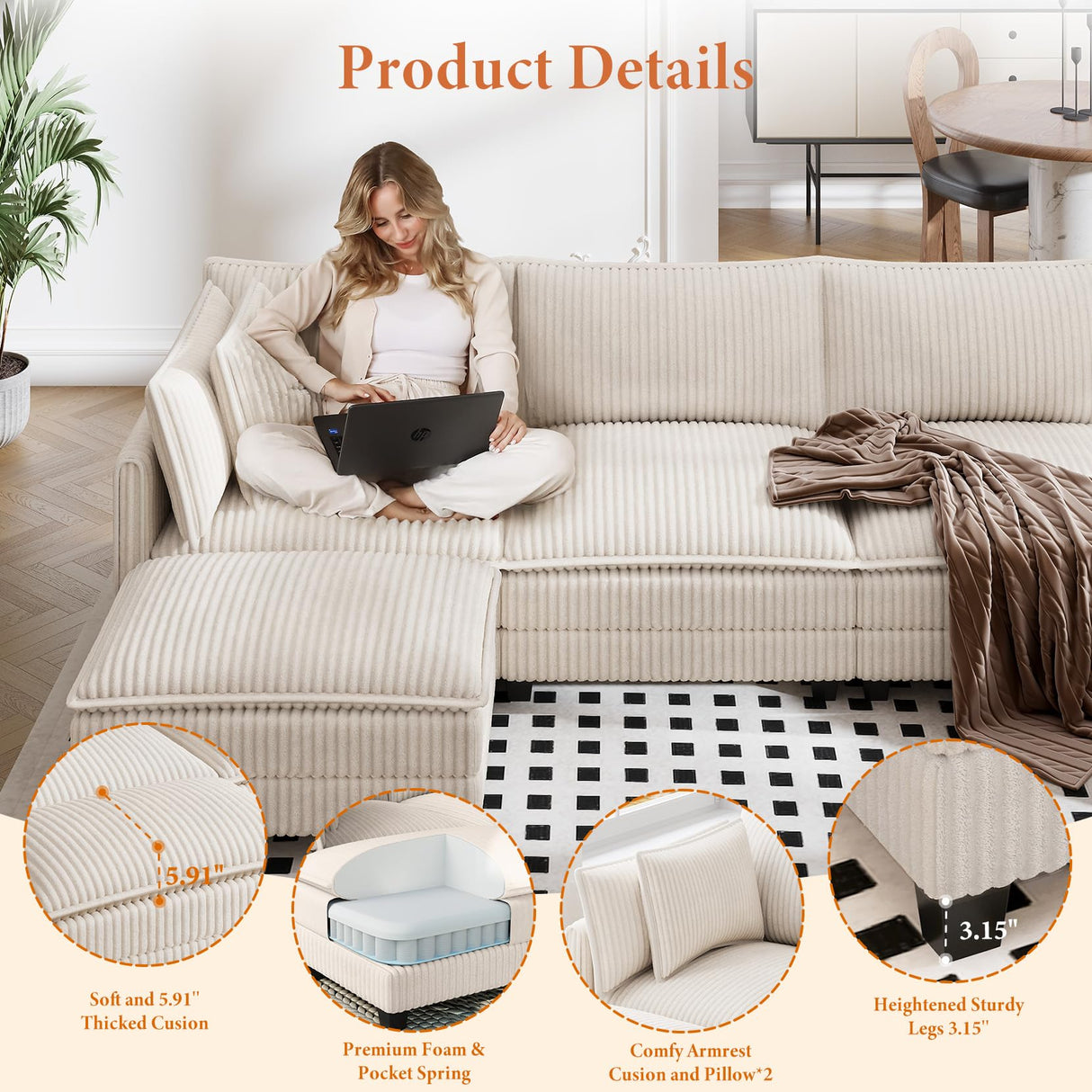 Vesgantti 109" U Shaped Cloud Sectional Sofa, Comfy Corduroy Upholstered Sectional Modular Sofas for Living Room, Modern Modular Couch with 2 Ottoman Deep Seat, Beige Vesgantti