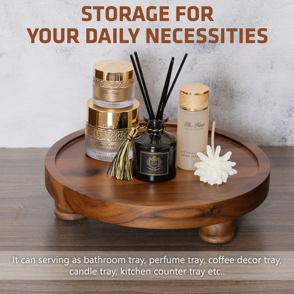 Demigo 10" Acacia Wood Round Tray - Decorative Plant Stand, Farmhouse Countertop Organizer, Multi-Purpose Display Pedestal, Riser Board for Soap, Perfume, Candles, Sponge, Bathroom, Kitchen Demigo