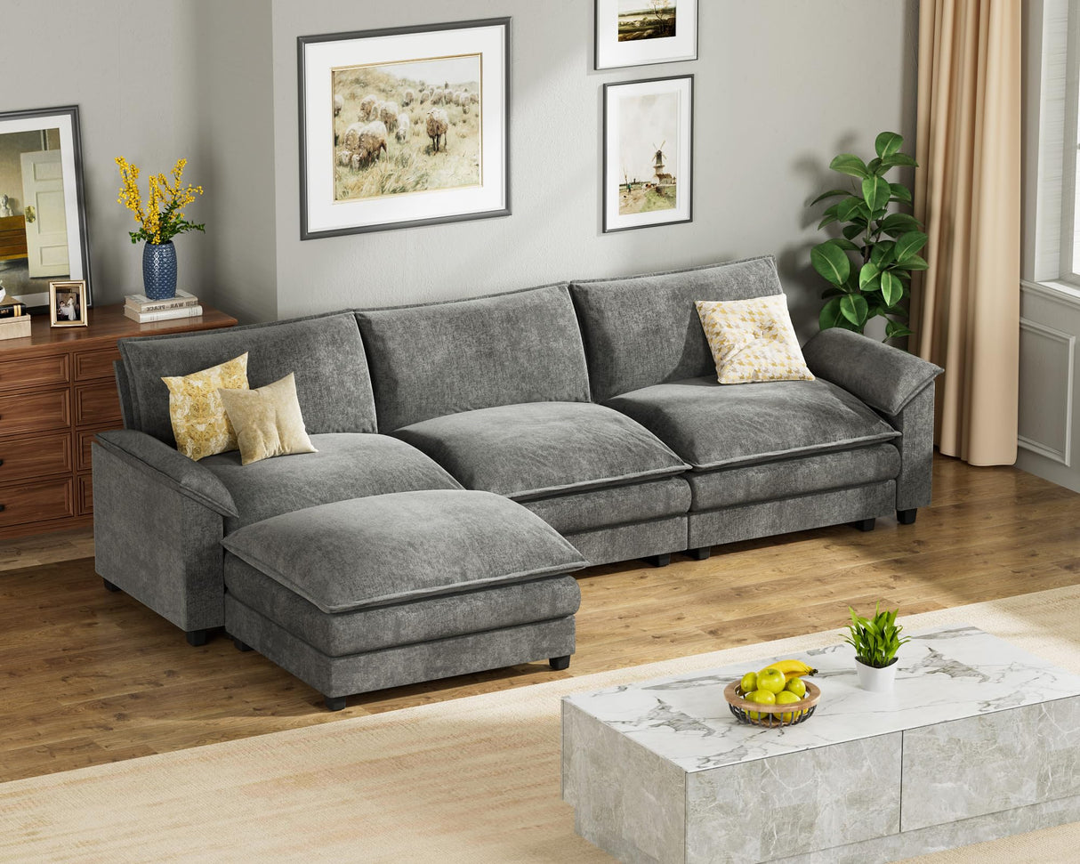 Homall 119" Modular Sectional Sofa, L Shaped Sofa Couch with Reversible Ottoman, DIY Combination Chenille Deep 3-Seat Cloud Couch for Living Room, Apartment (L Shaped Sofa, Grey) Homall