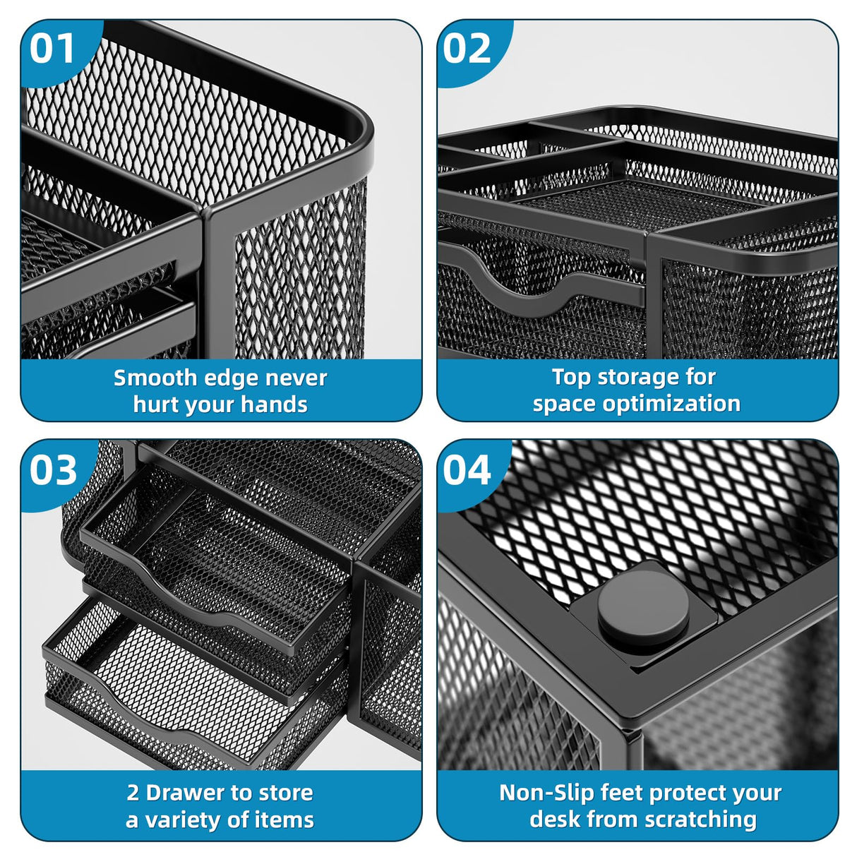 Marbrasse Mesh Desk Organizer, Pen Organizer with 2 Drawer, Multi-Functional Pencil Holder, Desk Organizers and Accessories with 5 Compartments + Drawer for Office Art Supplies (Black) Marbrasse