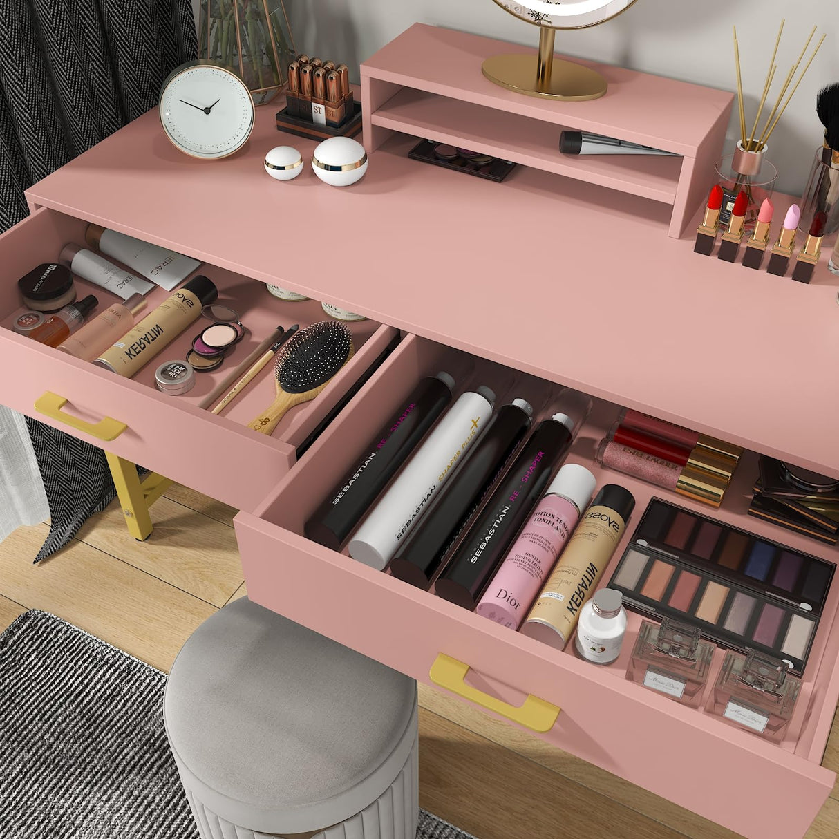 WESTREE Women Makeup Vanity Desk with 2 Drawers - Bedroom Home Office Desk, Wooden Height Monitor Stand & Storage Shelf Without Mirror, Pink Table Great Gift for Her WESTREE