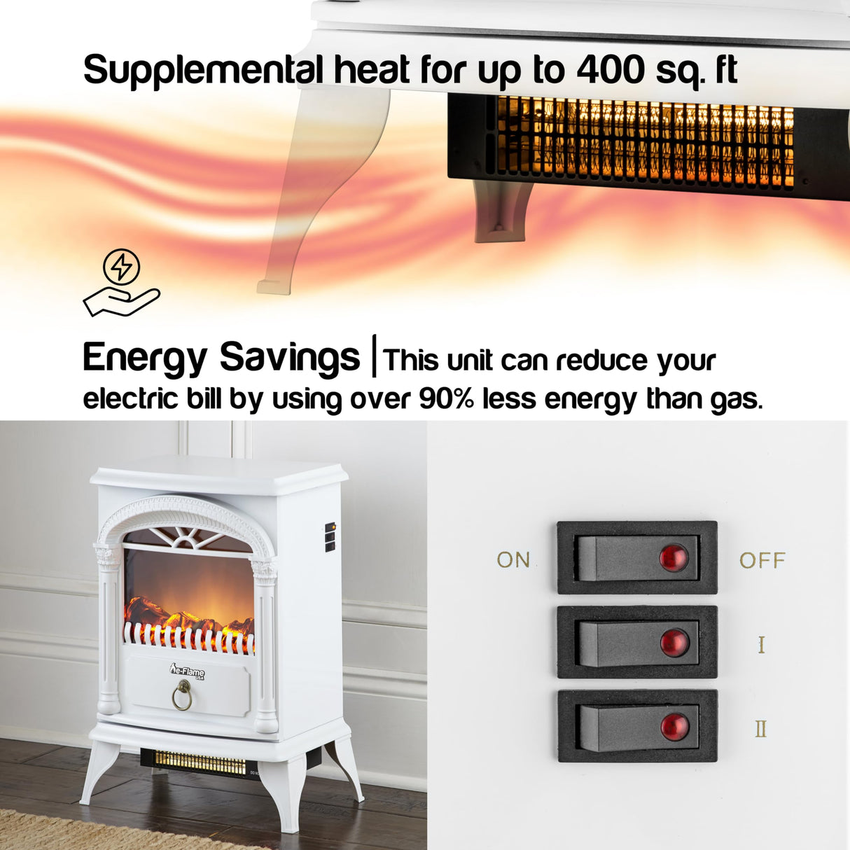 e-Flame USA Hamilton Indoor Compact Freestanding Electric Fireplace Space Heater - Realistic 3-D Wood Burning Flame (Winter White) e-Flame USA