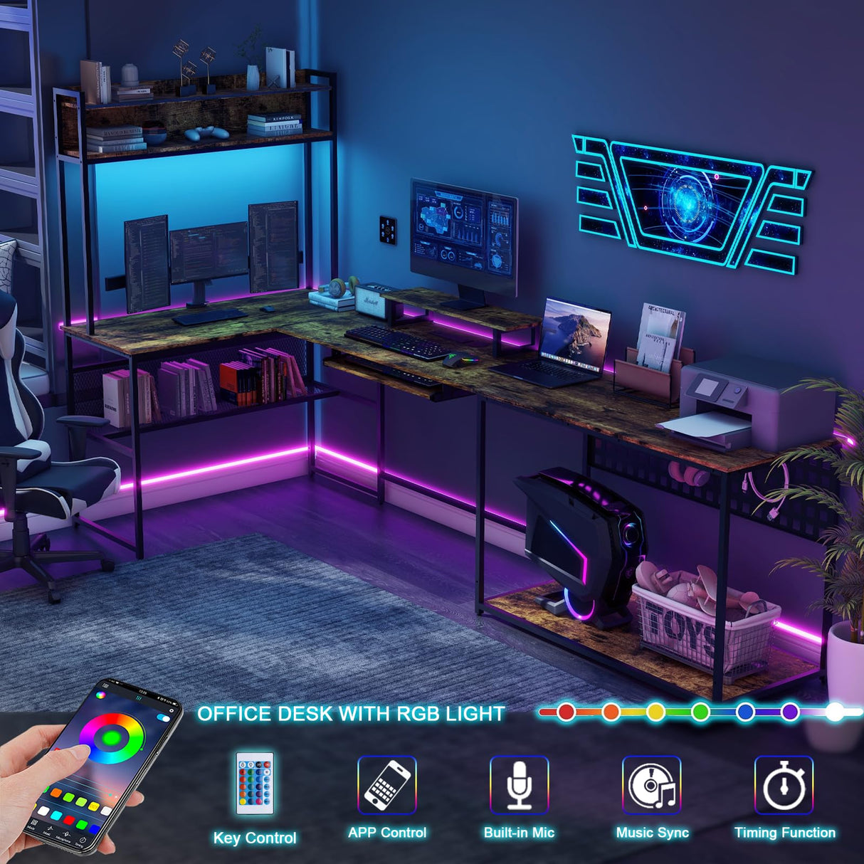 Halitaa U Shaped Desk with Power Outlet, L Shaped Office Desk with LED Lights and Monitor Stand, Reversible L-Shaped Computer Desk Suitable for Home Office, Corner, Gaming, Brown Halitaa