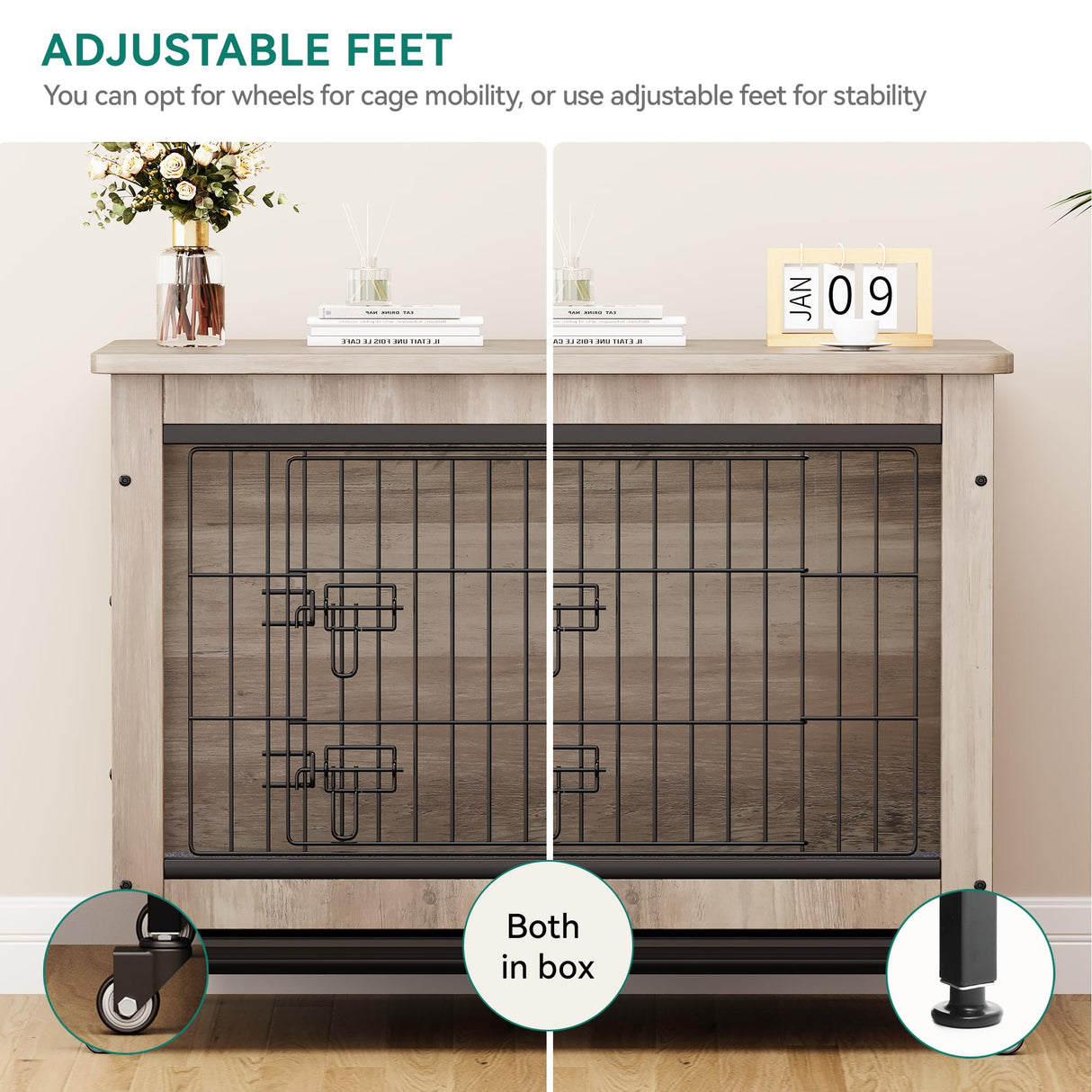 YITAHOME Dog Crate Furniture with Cushion, Dog Kennel Indoor with Wheels, Dog Crate End Table with Tray, 27" Dog Cage with Double Doors for Small Dog (Gray) YITAHOME
