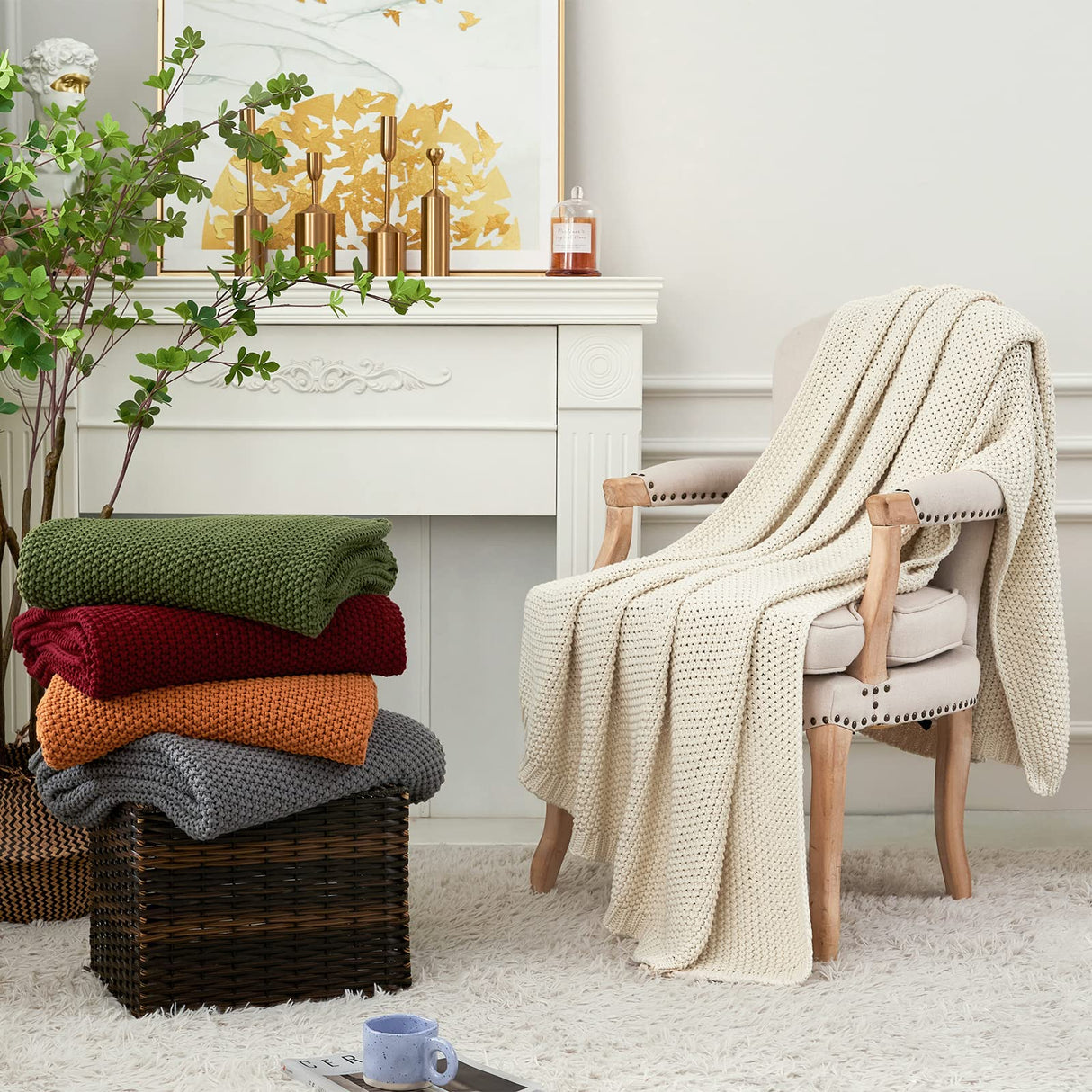 Chunky Cable Knit Throw Blanket Lightweight Burnt Orange 100% Organic Cotton Blanket for Sofa Couch Bed Baby Nursery, Rustic Shabby Chic Modern Farmhouse, 60” x 80” Give Laundering Bag Longhui bedding