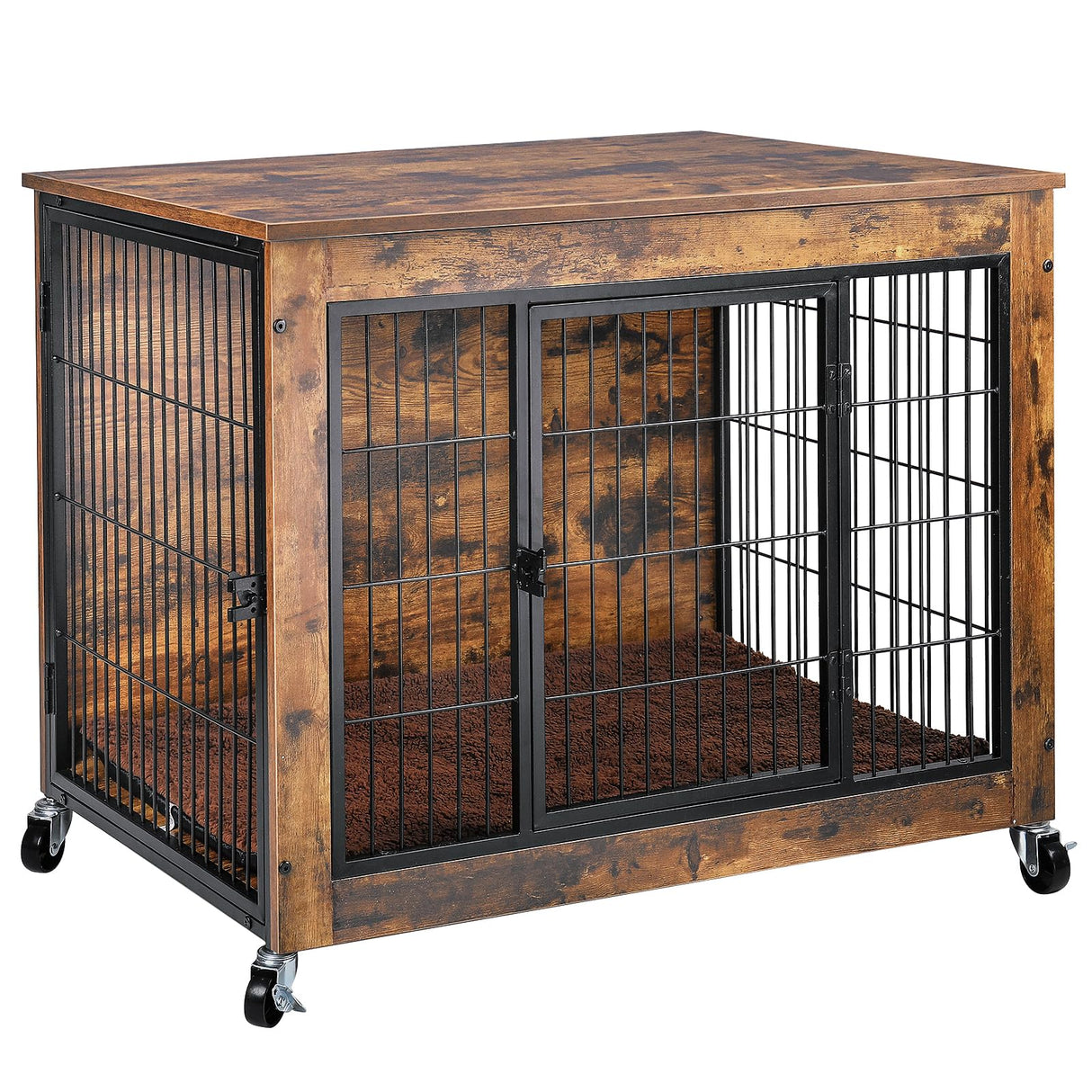 LEMBERI 32 Inch Dog Crate Furniture with Cushion, Wooden Double Doors Dog Kennel Cage Indoor with Wheels, Pet House Decorative Side End Table for Small Medium Dogs, Rustic Brown LEMBERI