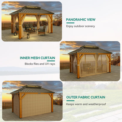 YITAHOME 11X13FT Wood Gazebo Outdoor Wooden Frame Gazebo Double Roof Hardtop Galvanized Steel Top Canopy w/Curtain and Netting, Patio Heavy Duty