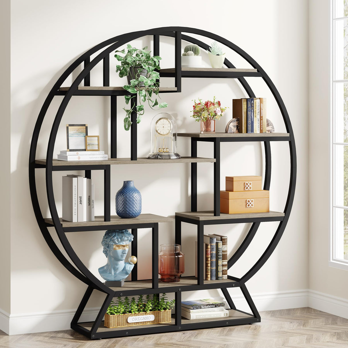 Tribesigns Bookshelf, Round Bookshelves Etagere Bookcase, 63 Inch Industrial Wood Book Shelf with Staggered Shelves, Open Shelving Organizer Rack Display Shelf for Home Office, Living Room, Grey Tribesigns