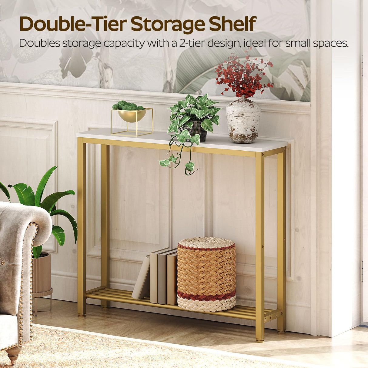 YATINEY Narrow Console Table, 2-Tier Small Sofa Table, 29.5" Thin Entryway Table, Behind Couch Table with Shelves, Industrial Hallway Table, for Living Room, Foyer, White and Gold CT03DW YATINEY