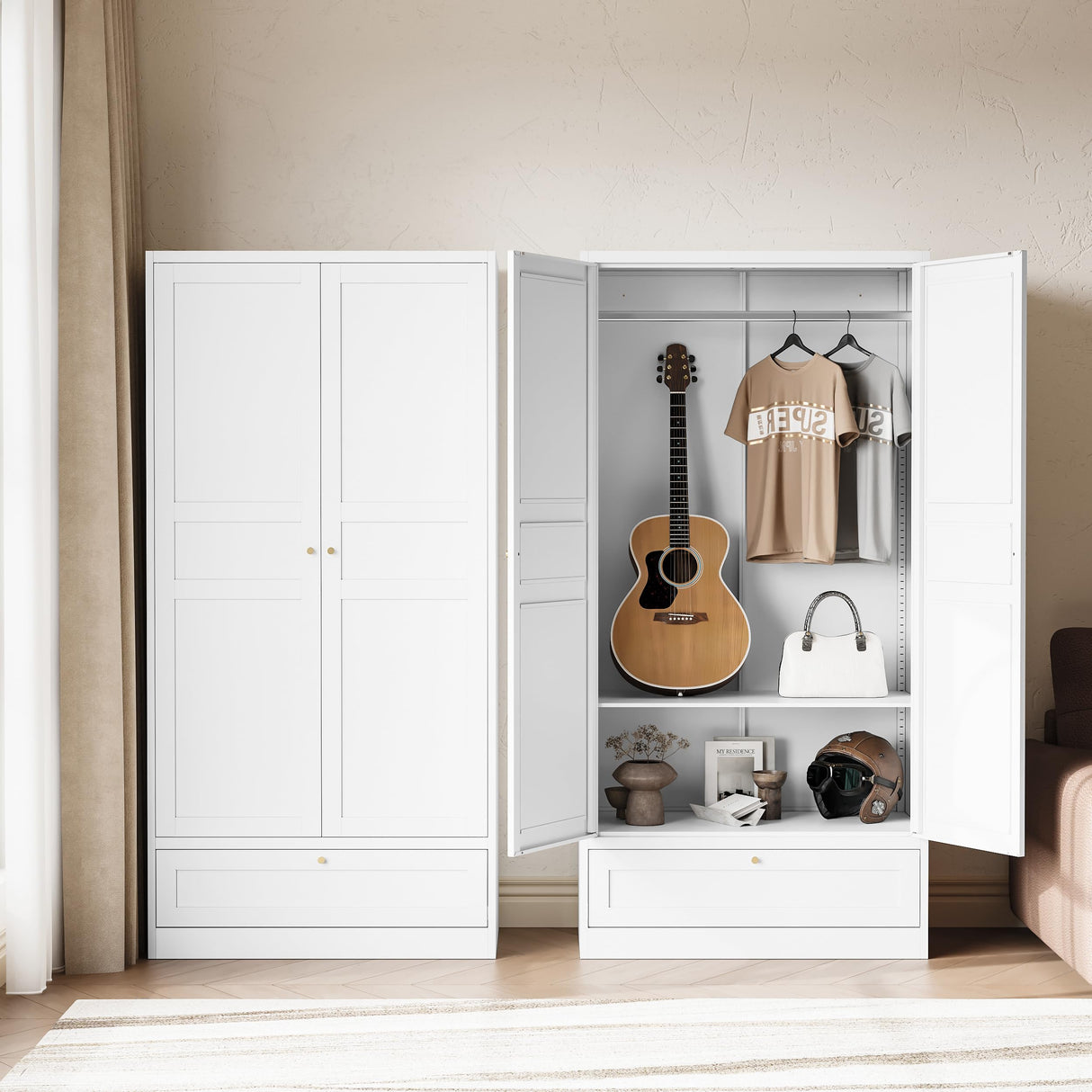 Letaya Wardrobe Closet,72" H Clothing Metal Storage Cabinet with Storage Drawer Adjustable Shelves and Hanging Rod,Bedroom Armoire Cabinet Clothes Organizer (White) Letaya