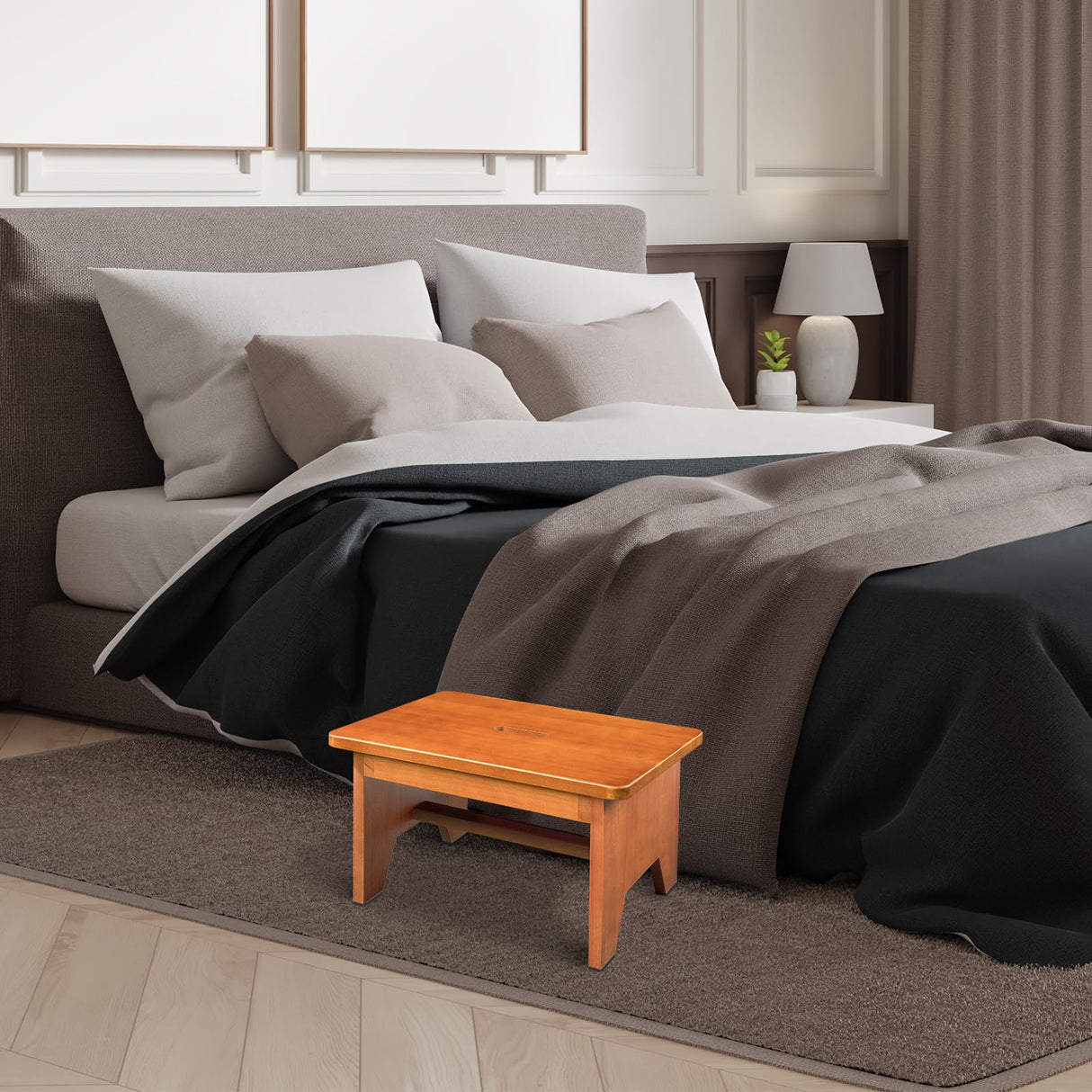 Wooden Step Stool for Adults,9.1''High One Step Stool for High Bed/Kitchen Riser,550 Lbs Beside Step Stool for Elderly Kids-Sturdy/Durable Footstool,Nonslip Stepping Stool for Bedroom/Kitchen/Bathroom HouseJoy