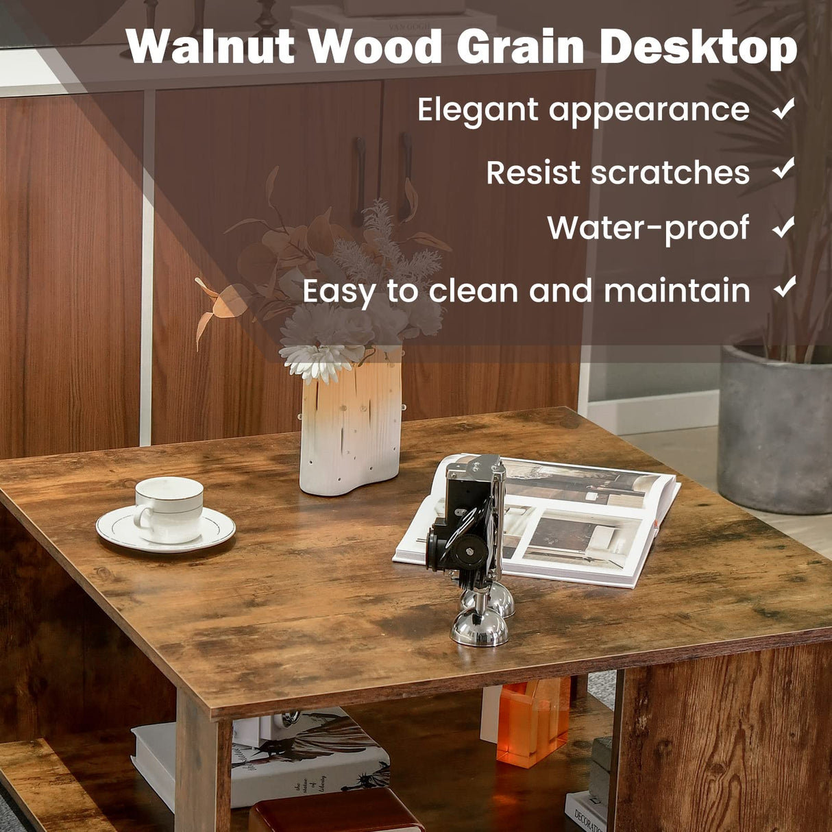 Giantex 32” Square Coffee Table, 2-Tier Wooden Table with Storage Shelf, Industrial Home Accent Table, Mid-Century Center Table Ideal for Living Room, Study Room(Rustic Brown) Giantex