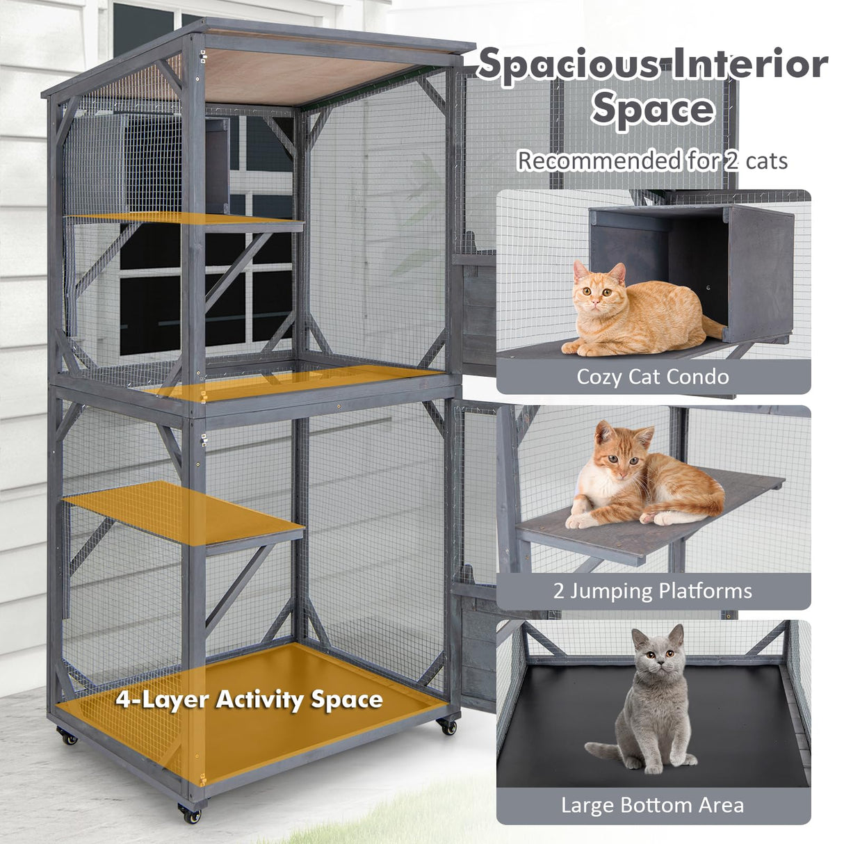 Tangkula Catio Outdoor Cat Enclosure, 72 Inch Wooden Cat House on Wheels with Resting Box, 2 Platforms & Weatherproof Asphalt Roof, Large Kitty Cat Condo Cage Playpen with Enter Doors & PP Layer Tangkula
