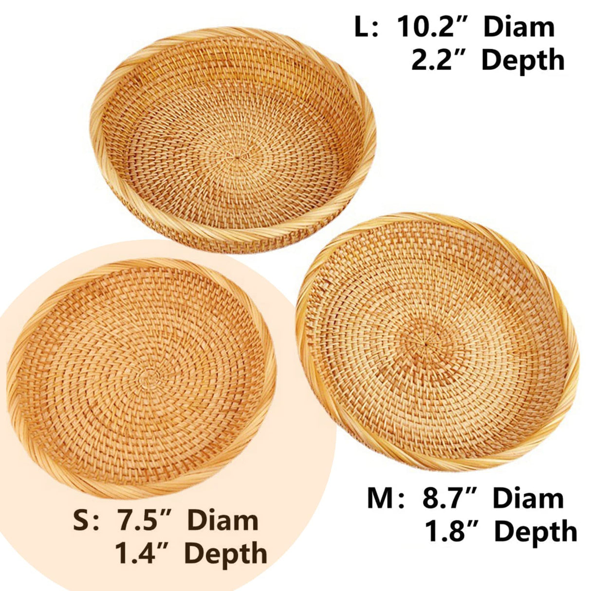I-lan 7.5 Inch Rattan Bread Basket with 2” Wall, Flat Wicker Basket Tray with Rolled Edge, Round Bowl Decorative Showcase Catch All Dish for Food, Fruit, Keys, Brown, S i-lan