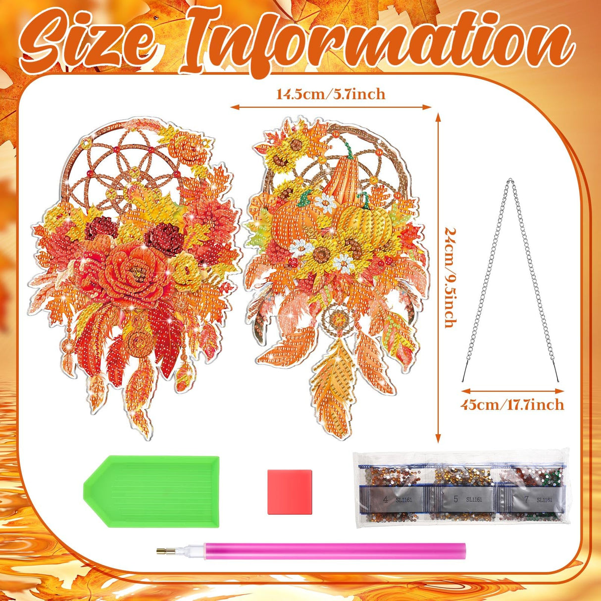 Saillong 2 Pcs Fall Thanksgiving Diamond Art Hanging Kits for Adults DIY Thanksgiving Diamond Painting Suncatcher Fall Pumpkin Dream Catcher Hanging Decor Autumn Wind Chime Decor for Home Wall Window Saillong