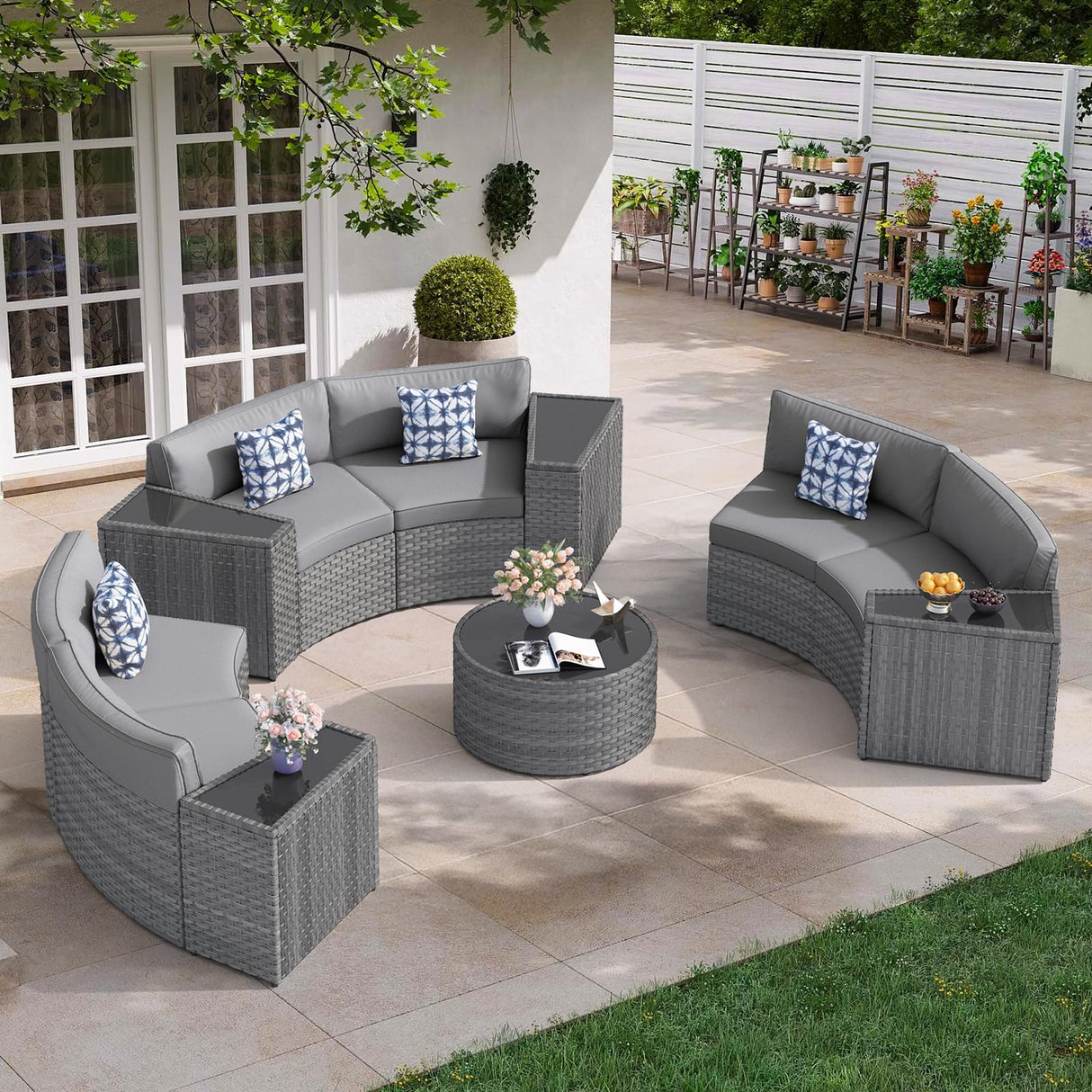 Patio Furniture Set,11 Pieces Half-Moon Curved Outdoor Patio Sectional Sofa with Coffee Table and Side Table Waterproof Cover, Wicker Rattan Patio Coversation Set for Porch,Deck,Backyard(Grey) K Knowbody