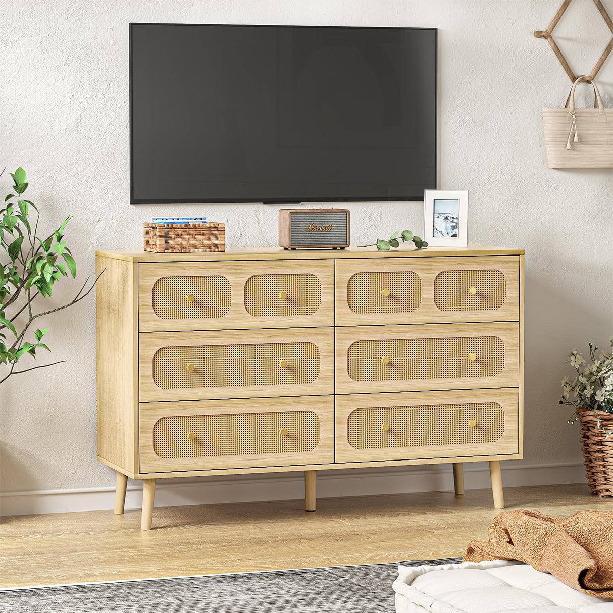 HOUROM Rattan Dresser for Bedroom, Modern 6-Drawer Double Dresser with Gold Handles, Wood Storage Chest of Drawers for Bedroom HOUROM