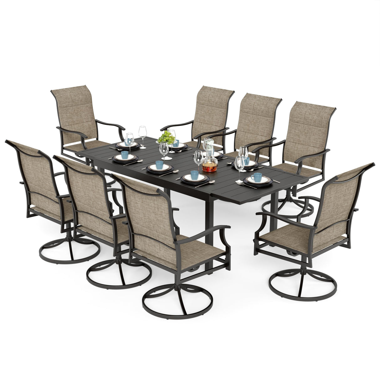 SUNSHINE VALLEY 9 Pieces Patio Dining Set for 8, Outdoor Dining Set with Teslin Fabric High Back Swivel Chairs & Black Metal Extendable Table, Outdoor Table and Chairs Set for Deck Backyare Garden SUNSHINE VALLEY