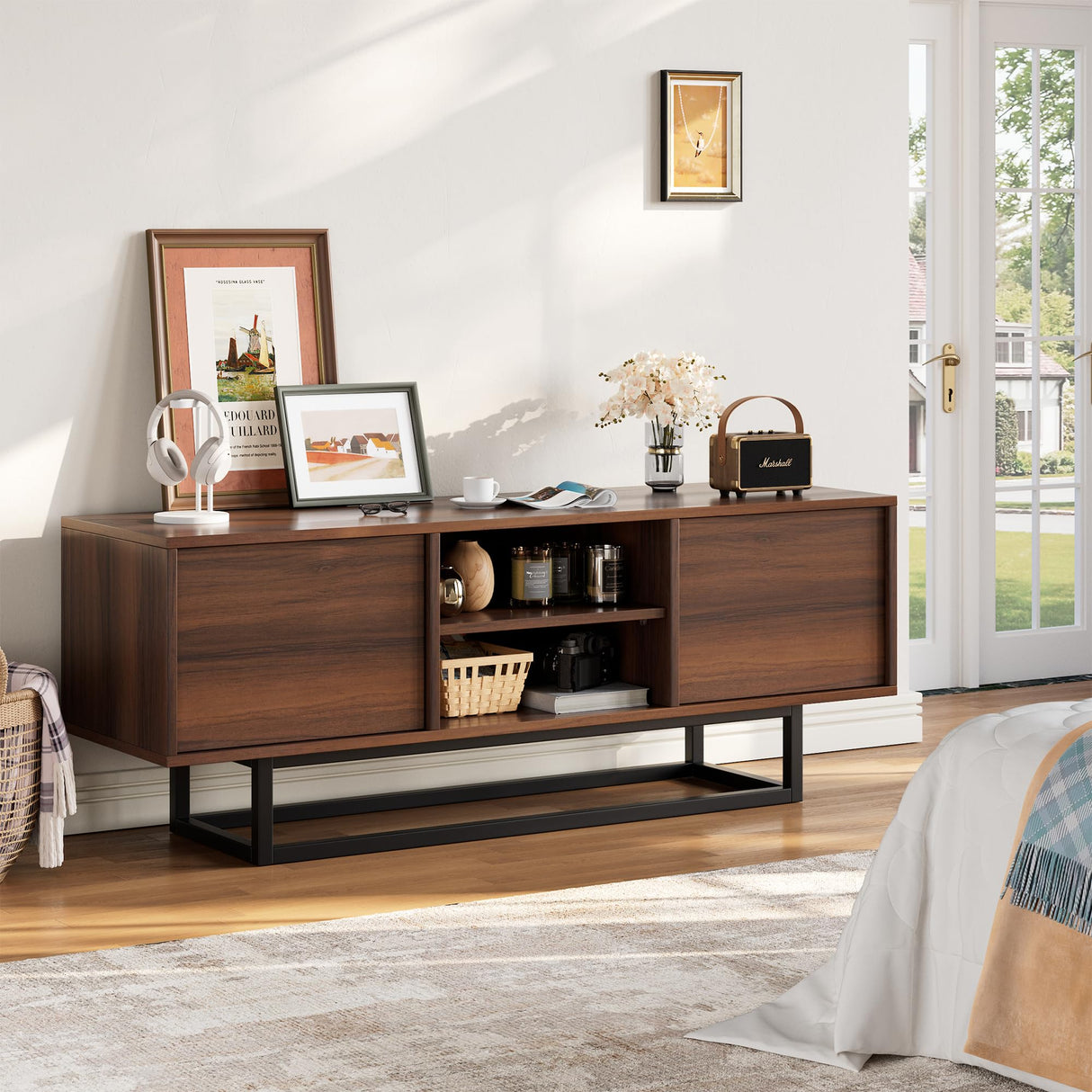 HAIOOU TV Stand for 50 55 Inch TV, Modern TV Console Small Entertainment Center with Sturdy Metal Base, Push-to-Open Doors and Soft-Close Hinges for Living Room, Bedroom - Walnut Brown HAIOOU