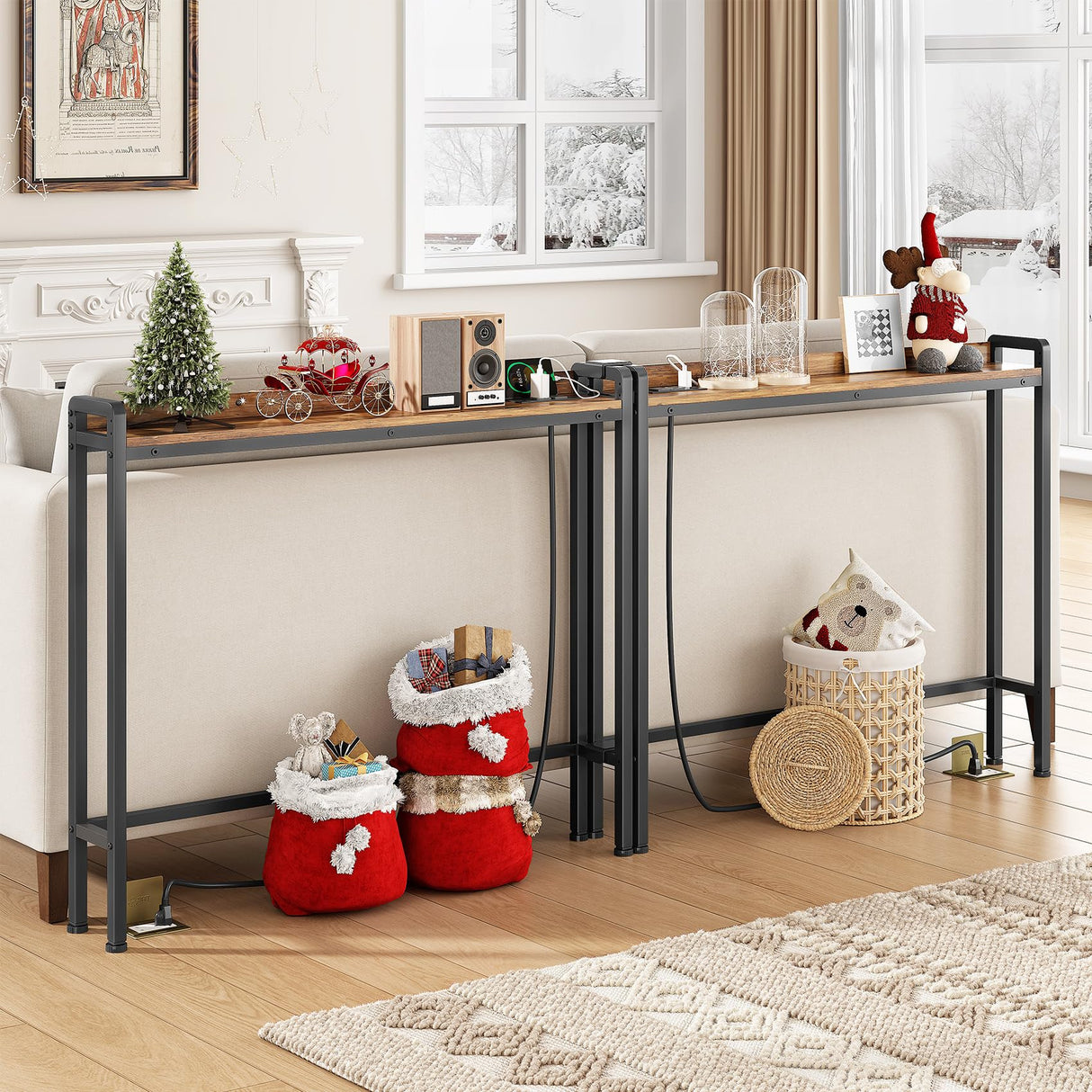 Kitstorack Rustic Brown Narrow Console Table for Behind Sofa, Elevated Rear Fence & Built-in Power Outlets, Includes 6.5' Power Cord, 5.9" D x 39.4" L x 33.3" H Kitstorack