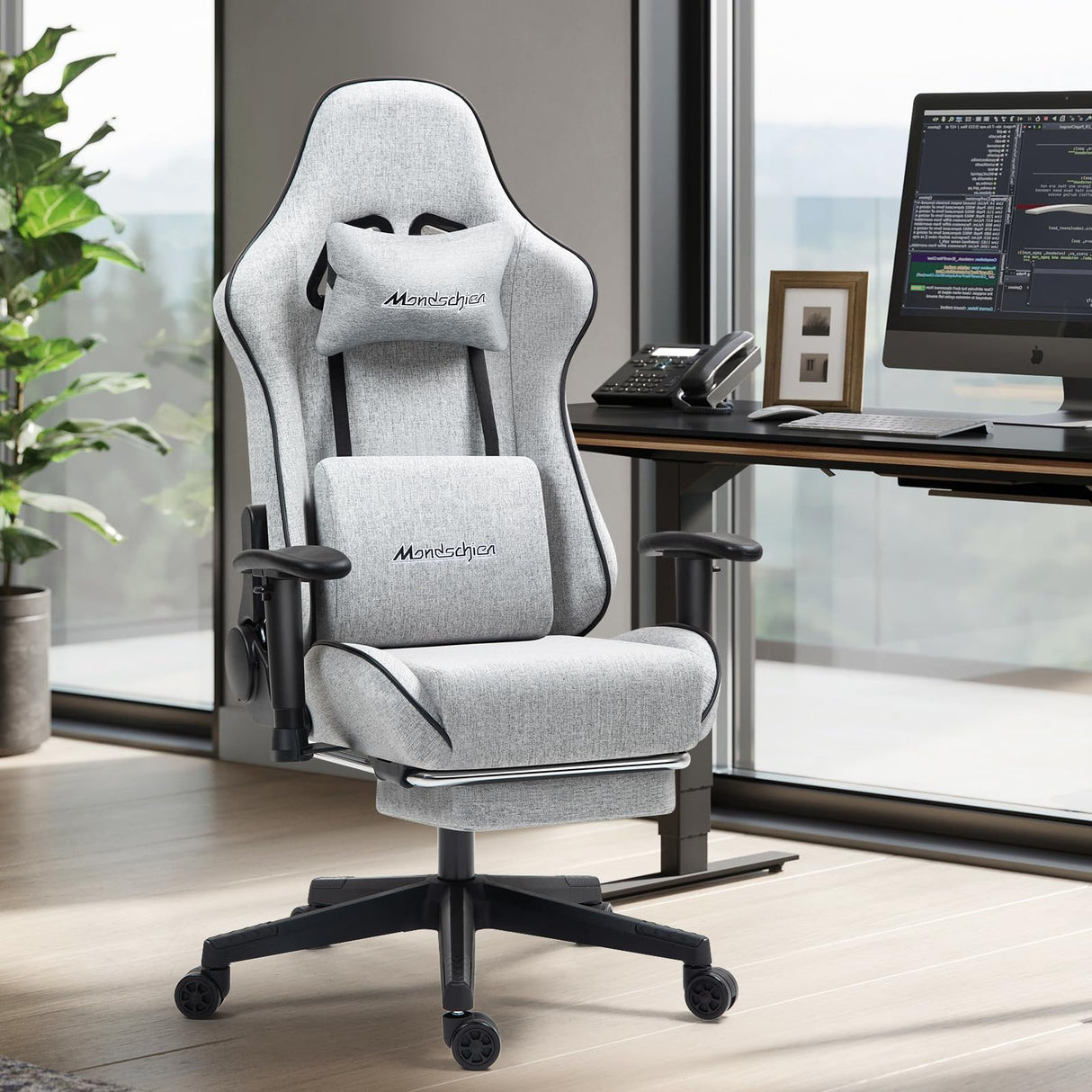 Mondschein Gaming Chair with Pocket Spring, Fabric Office Chair Massage Computer Chair with Footrest, High Back Ergonomic Reclining Desk Chair Racing Game PC Chair Adjustable Armrest Headrest (Grey) Mondschein