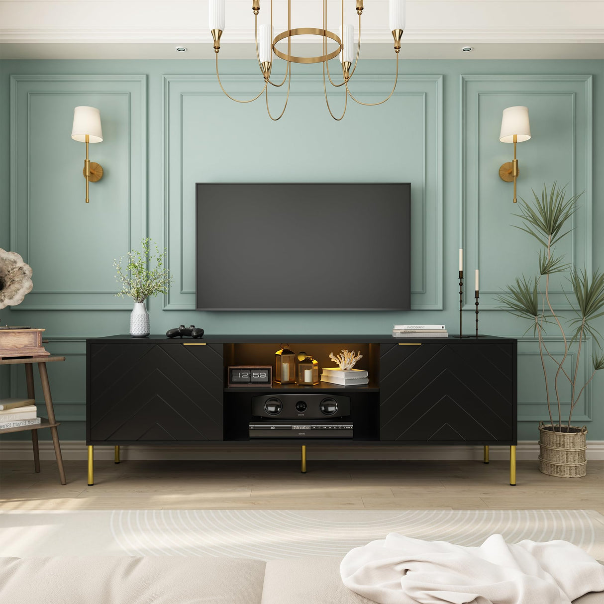 Clihome TV Stand for TVs Up to 70 inches,Modern Media Television Console Table with LED Lights, Entertainment Center with Storage Cabinets for Living Room,59Inch (Black) Clihome