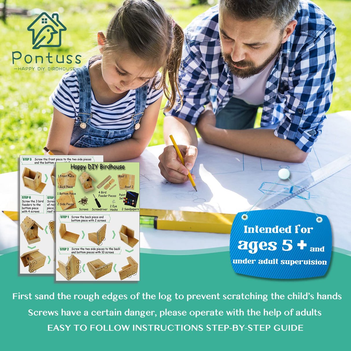 DIY Birdhouse Kit with Paint Set - Kids' Wood Craft Kits - Make a Bird House Kit for Kids - DIY Woodcraft Building Projects for Kids and Adults- STEM Teaching Tools Pontuss
