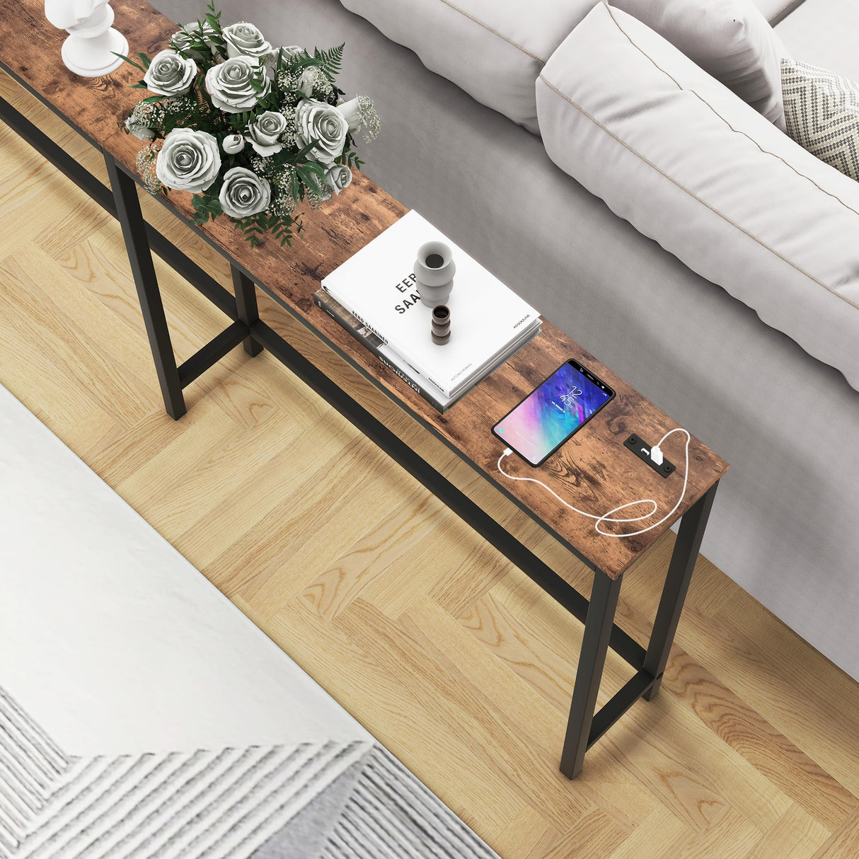 HOMERECOMMEND 70.8 Inch Console Table with USB Ports, Sofa Table with Charging Station, Narrow Entryway Table, Skinny Hallway Table,Rustic Brown HOMERECOMMEND