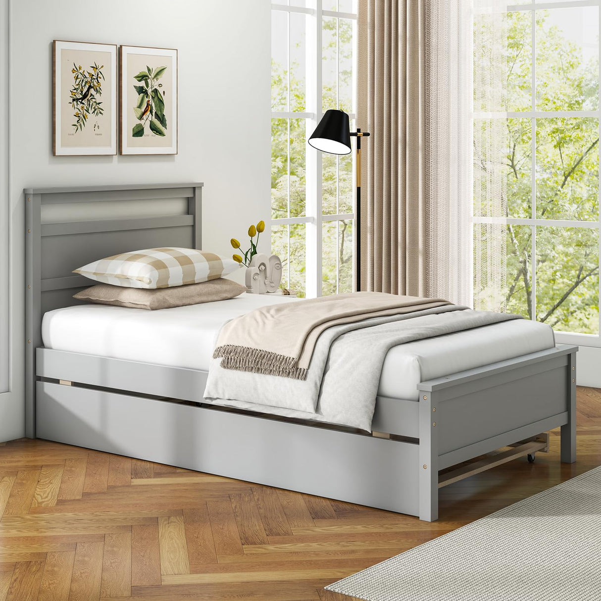 KOMFOTT Twin Bed Frame with Trundle, Wood Bed Frame with Pull-Out Trundle, Headboard & Footboard, Wooden Slat Support, No Box Spring Needed, Mattress Foundation (Grey) KOMFOTT