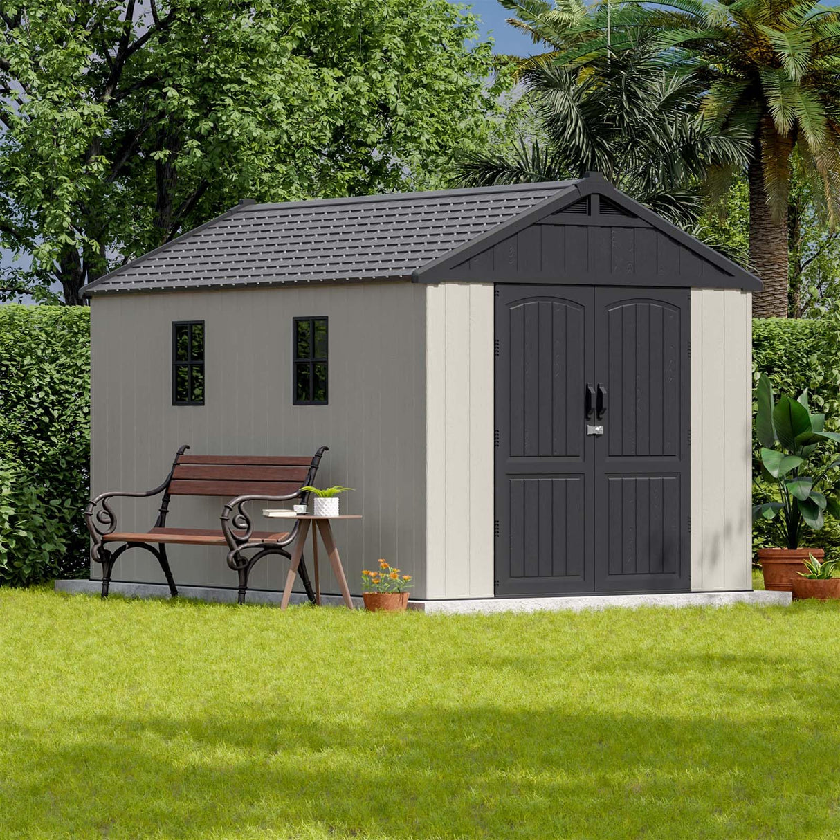 Patiowell 8 x 12 FT Plastic Outdoor Storage Shed with Floor, Resin Shed with Window and Lockable Door for Garden, Backyard, Tool Storage Use, Easy to Install in Beige (Kick-it Shed) Patiowell