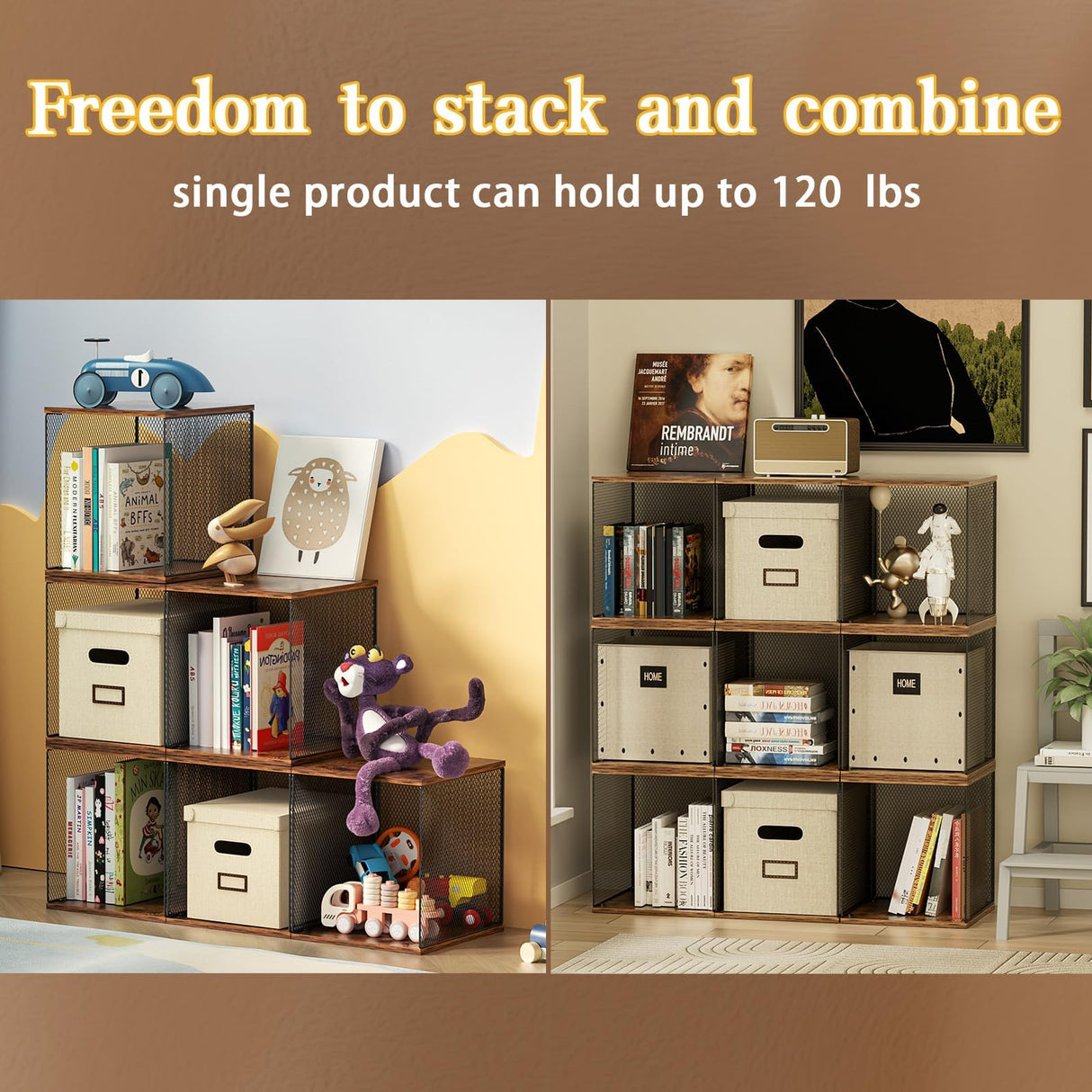 Dmevkic 2 Cube Organizer Book Shelfs DIY Variable Stackable Cube Storage Organizer for Kid Bedroom,Living Room,Small Bookshelf Black Brown Wooden Dmevkic