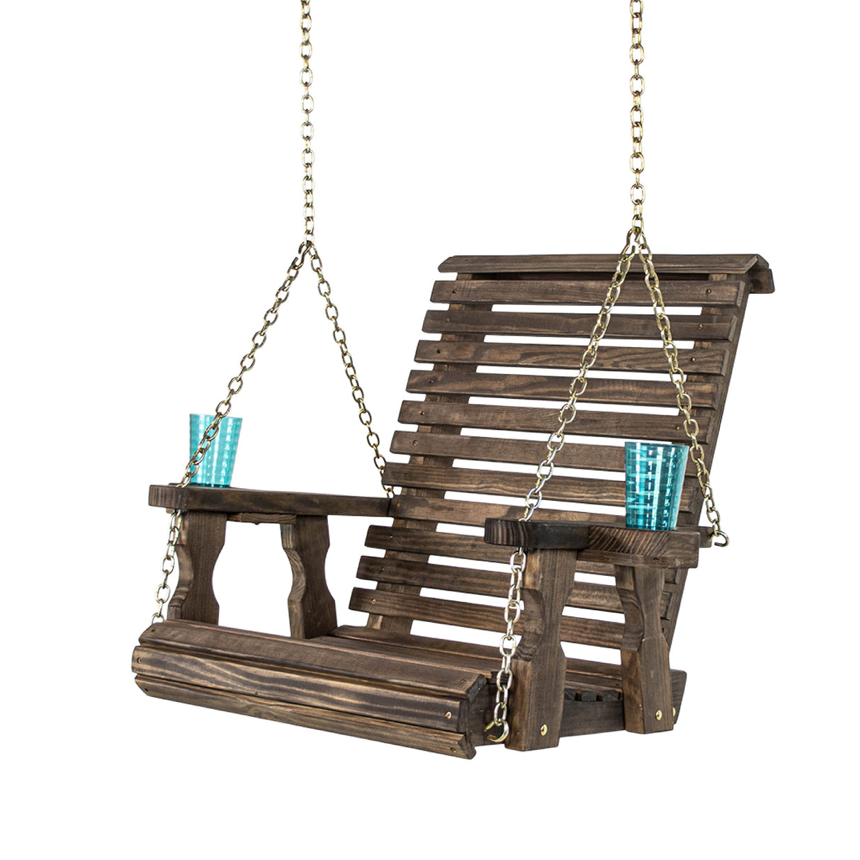 Amish Casual Heavy Duty Roll Back Pressure Treated Swing Chair with Cupholders (Dark Walnut Stain) Amish Casual