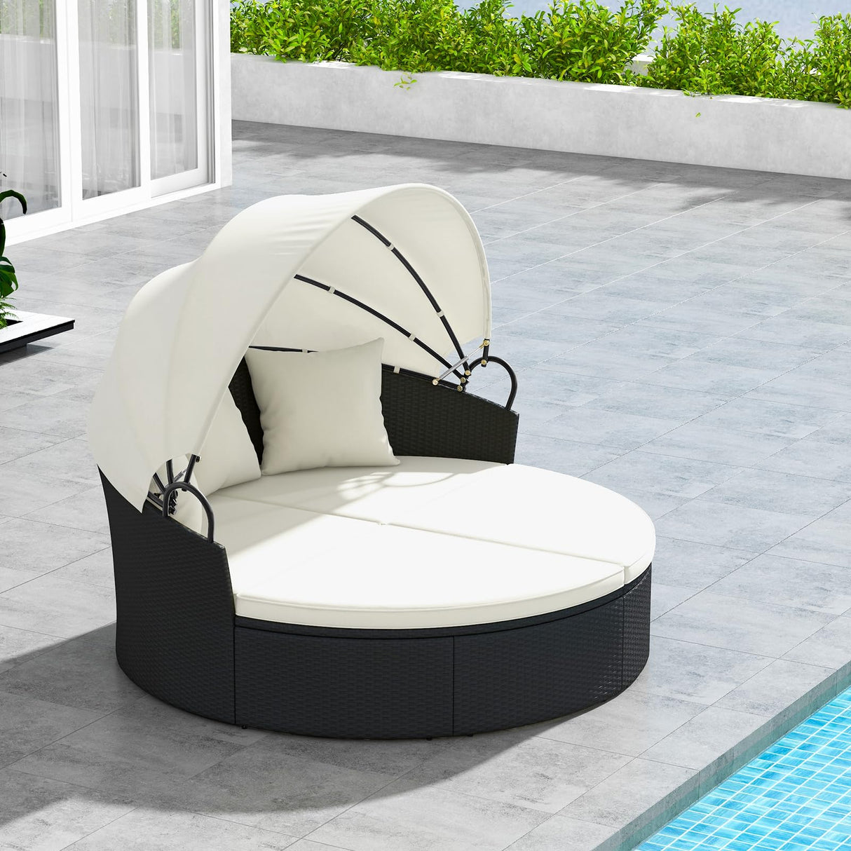 RELAX4LIFE Round Outdoor Daybed with Canopy - Wicker Rattan Sectional Sofa Sunbed w/Cushions & 3 Pillows, Clamshell Conversation Lounger Separated Seating Set for Garden Porch, Patio Day Bed (Beige) RELAX4LIFE