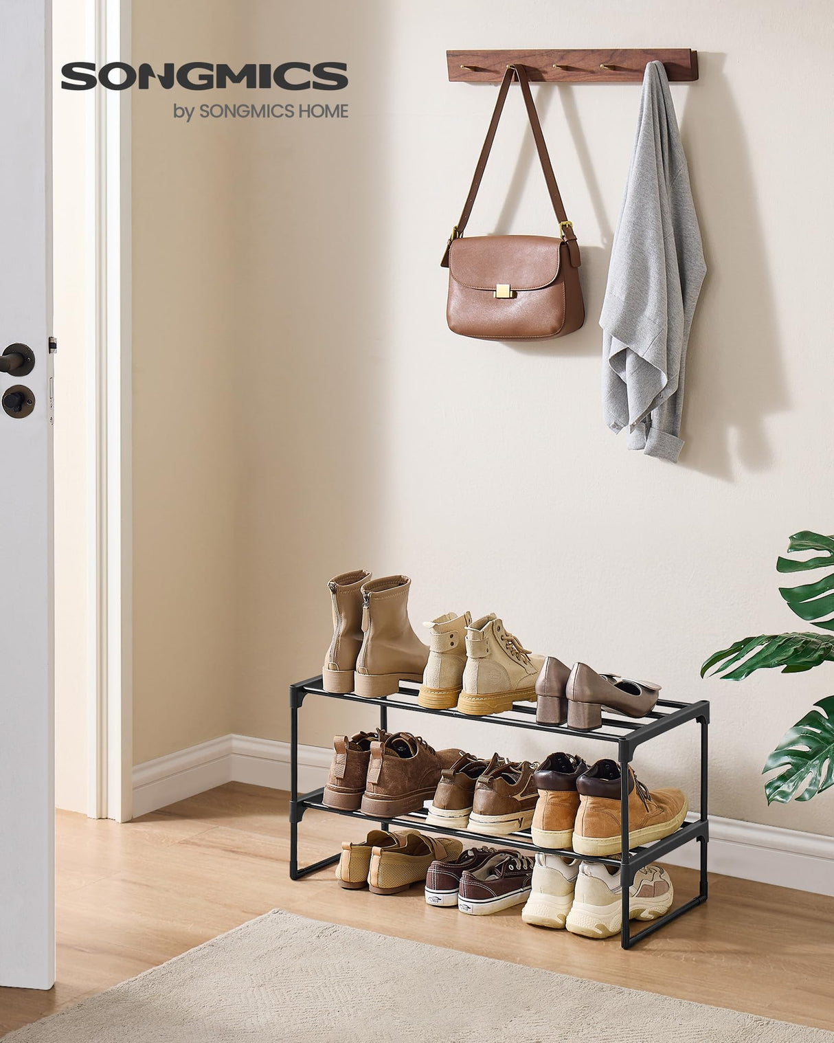 SONGMICS Shoe Rack, 2-Tier Shoe Organizer, Metal Storage Shelf, Upright or Upside Down, for 6-9 Pairs, Stackable, for Entryway, 11.8 x 26.8 x 13.2 Inches, Black ULSA202B01 SONGMICS