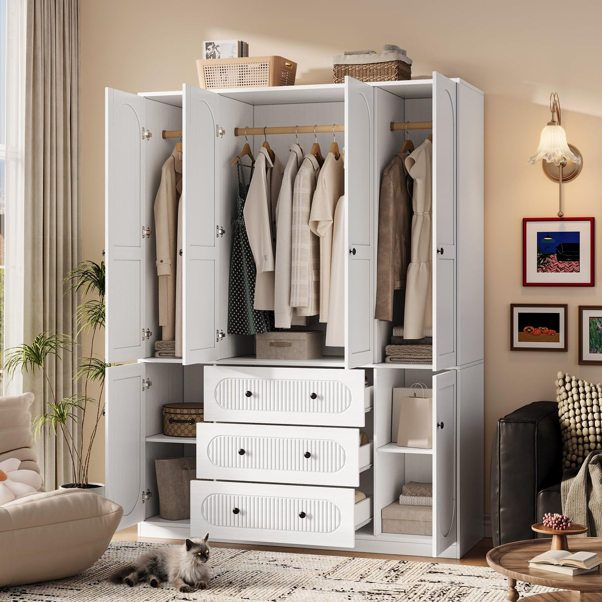 TOKSOM 4 Doors Freestanding Armoire Wardrobe Closet, 72" White Bedroom Wooden Closet Large Capacity Storage Armoire with 3 Drawerse and 3 Hanging Rod Shelves Clothes Organizer TOKSOM