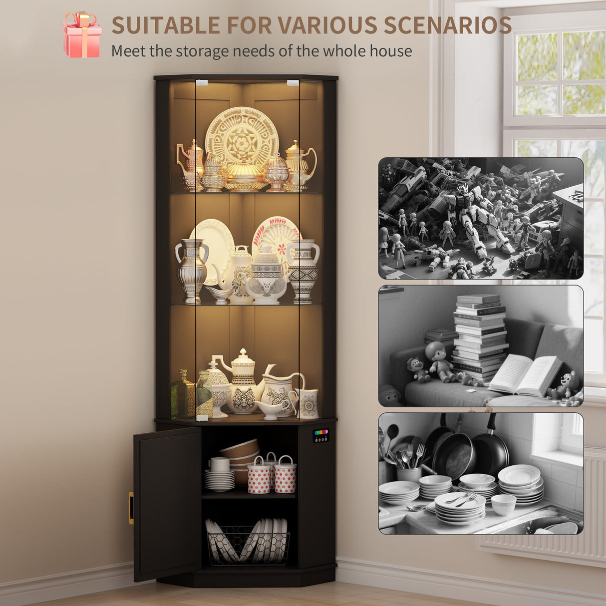Lvifur 69" Corner Glass Display Cabinet with RGB Lights,3-Tier Movable Glass Shelves,Curio Display with Human Body Sensor,Bookcase with Storage Cabinet for Toys,Books,Collectibles,Liquor,Black Lvifur