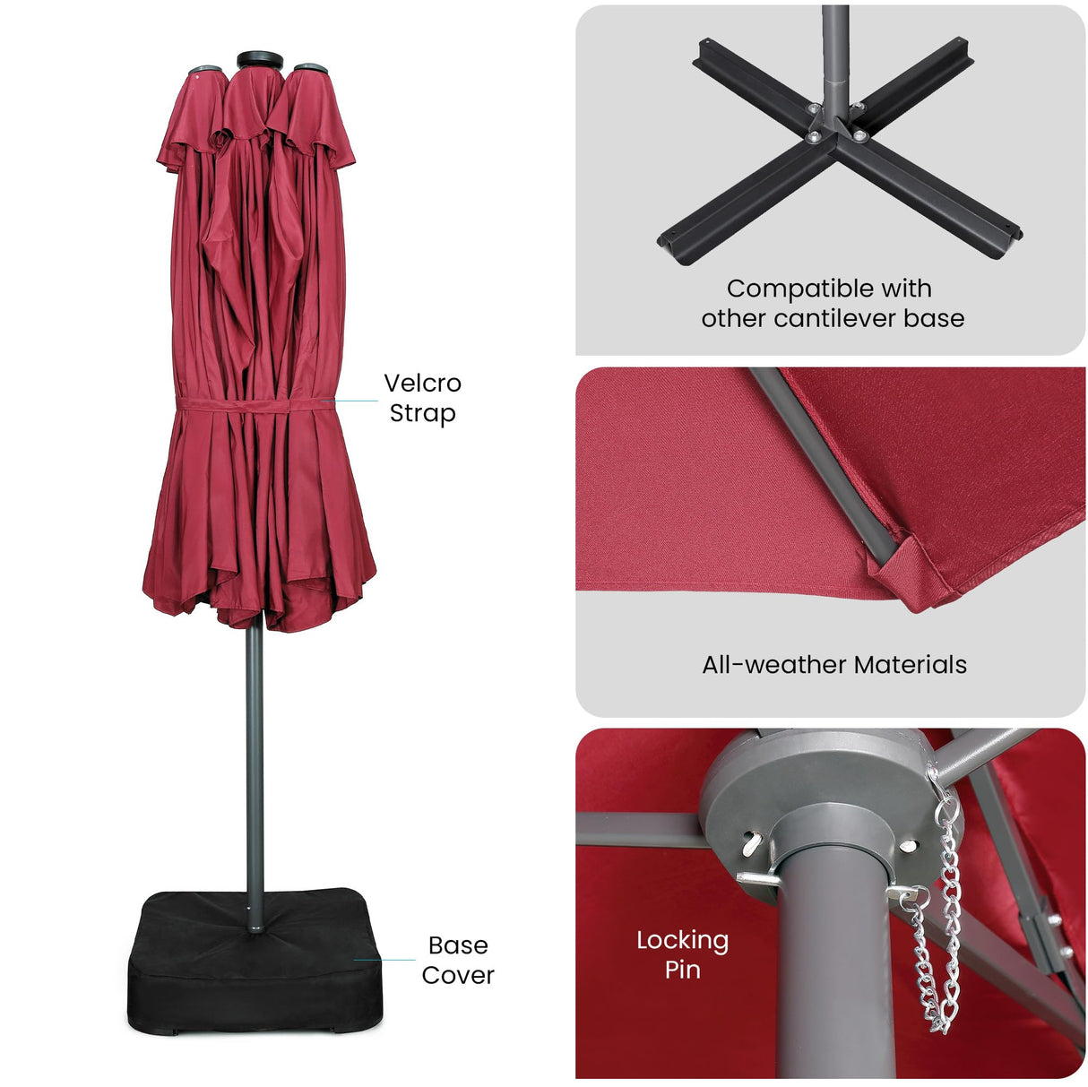 Home Zone Living 15x9 Ft Double Head Patio Umbrella with Base, 36 LED Lights, Sand Bags, UV Resistant & Waterproof, 213 LBS Total Weight, Burgundy Red Home Zone Living