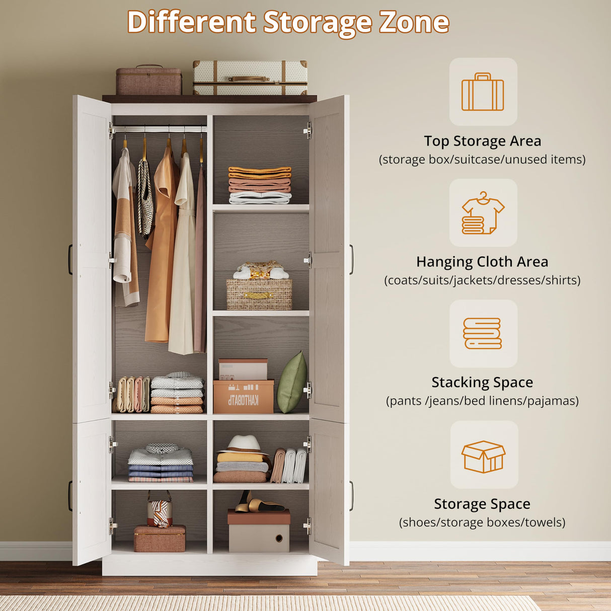 ModernMate Armoire Wardrobe Closet, 72" Tall Wood Cabinets with 4 Doors, Clothing Storage Closet Wardrobe with Adjustable Shelves, Hanging Rod, White Cabinet for Dressing Bedroom Living-Room ModernMate