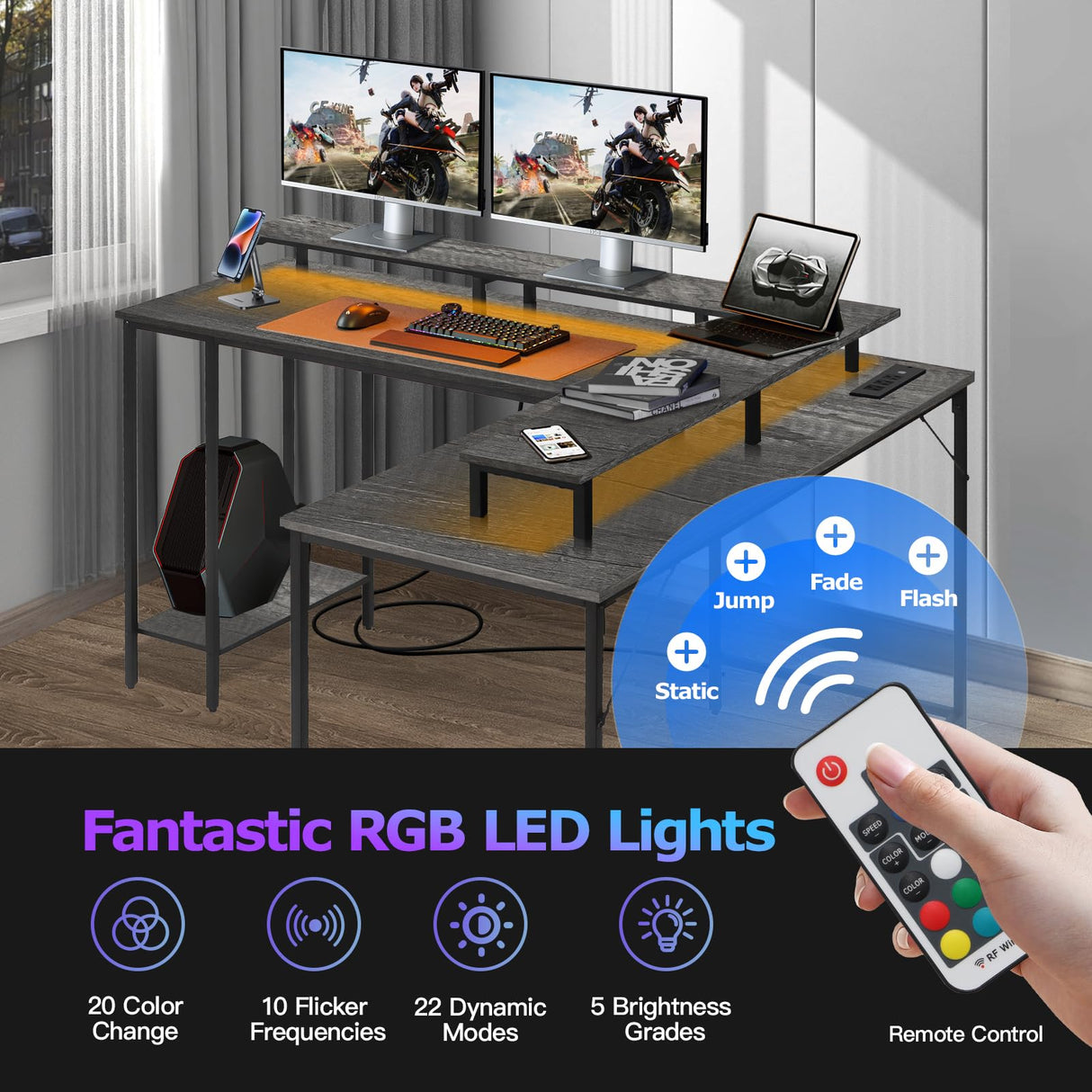 Panana 53.5" L Shaped Computer Desk Gaming Desk with LED Lights and Power Outlets, Reversible L Shaped Corner Desk with Monitor Stand, Home Office Desk with Shelf and USB Port (Grey) Panana