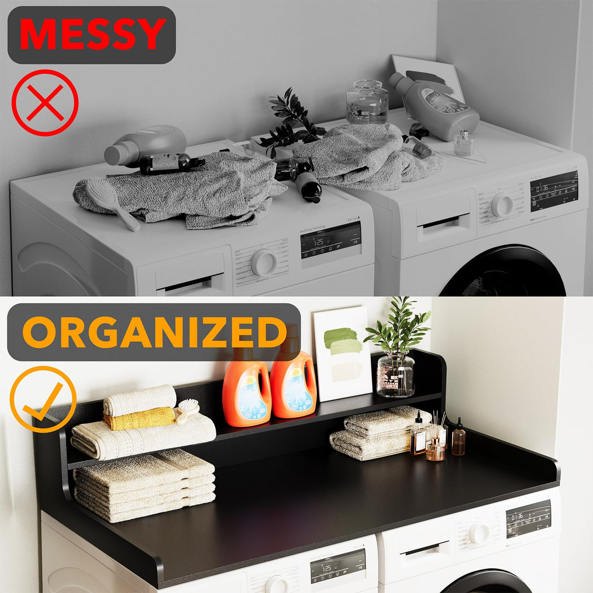 SpaceAid Washer Dryer Countertop with 2-Tier Shelf, Wood Topper with Edge, 54" Width x 27.5" Depth Cover Organizer Guard for Washer and Dryer Counter Laundry Hamper Storage (Black) SpaceAid
