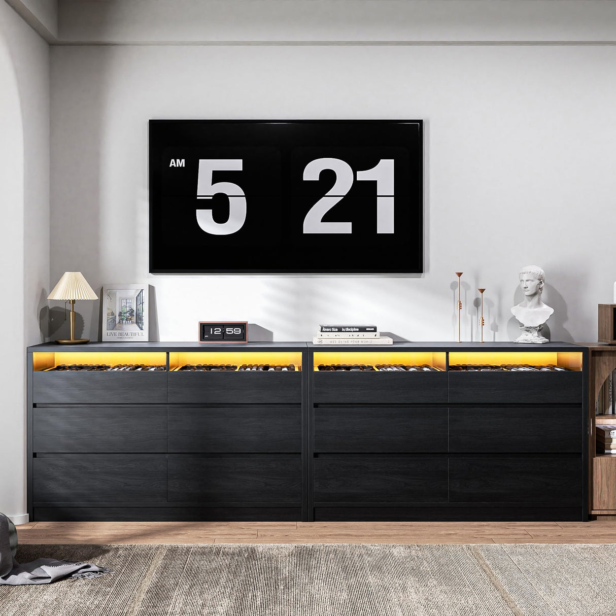 Jocoevol Modern LED 6 Drawer Dresser for Bedroom, Large Chest of Drawers with Hidden Handles, Long Double Wooden Dresser Closet for Living Room, Entryway, Hallway (Black) Jocoevol