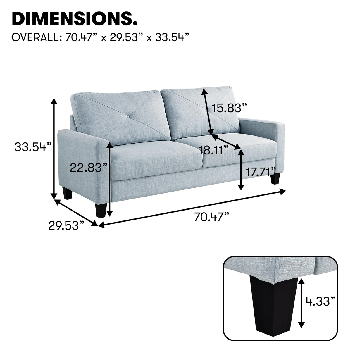 Serta® Lindbergh 70.5" Modern Transitional Sofa, Tufted Back Cushion, Square Track Arms, Solid Wood Legs, Dream Coil® Comfort, Woven Polyester Fabric, Light Gray Serta