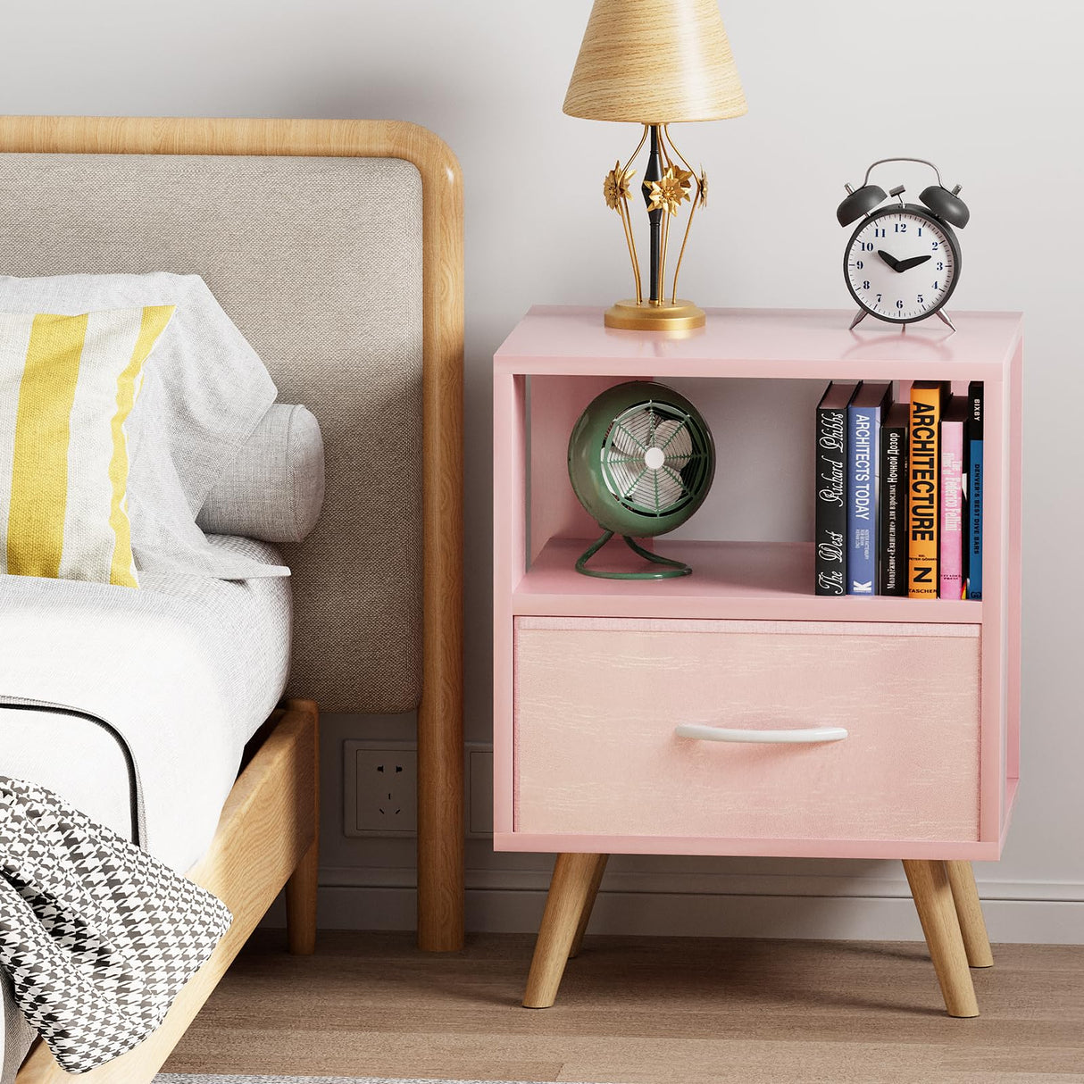 Aenuert Night Stand, Pink Kids Nightstand with Drawer, Nursery Side Table with Open Storage, 2-Tier Modern End Table, Bedside Table for Small Space, Living Room, Bedroom Aenuert