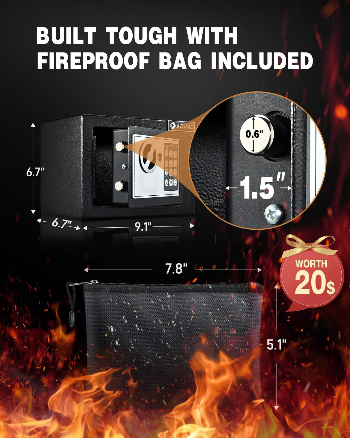 Safe Box, Small Safe for College Dorm Room, Money Safe with Fireproof Safe Bag for Cash or Document, Keys &Pass Code Home Safe with Wall Safe Kits, 0.23Cu Ft Hidden Safe for Home Office Hotel Business ADIMO