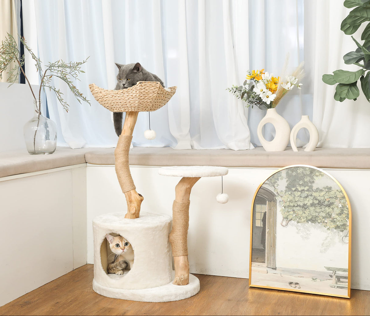 KONELCARE Modern Cat Tree for Indoor Small Cats - Real Wood Cat Tower with Scratch Post, Hiding Enclosure - Unique, Boho,White KONELCARE