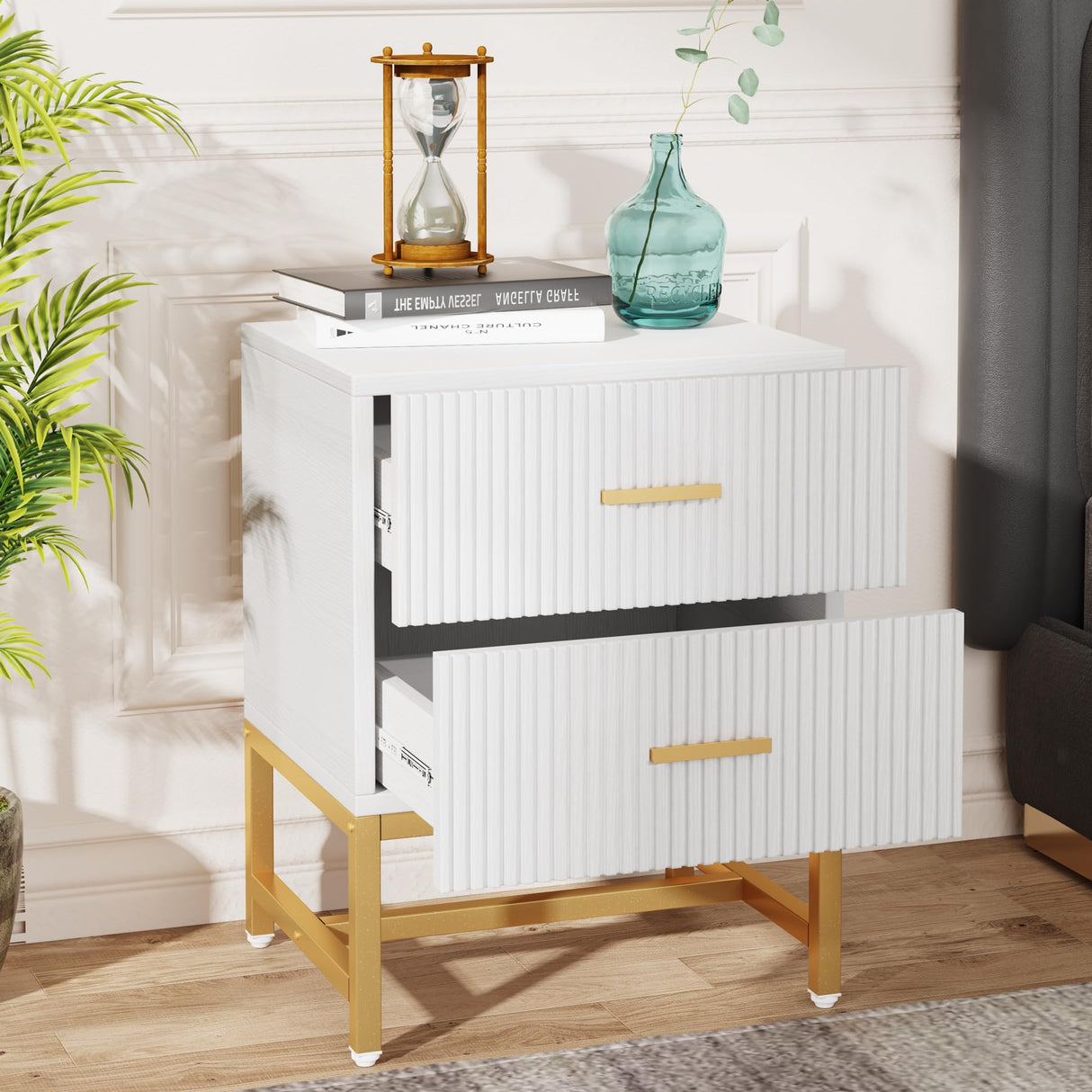 Tribesigns 2-Drawer Nightstand, Modern Fluted Night Stands Bed Side Table with Storage, Wood End Table Accent Table for Bedroom, Living Room, Small Spaces, White Tribesigns