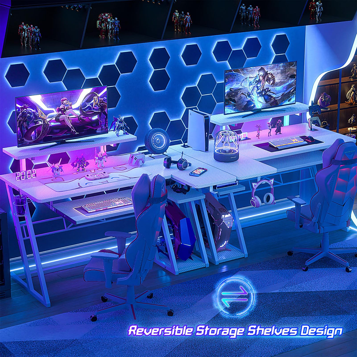 armocity L Shaped Gaming Desk with LED Lights and Outlets, White PC Gaming Desk with Monitor Stand and Shelves, Reversible Gaming Computer Desk with Keyboard Tray & Z-Shape Legs, 47" armocity