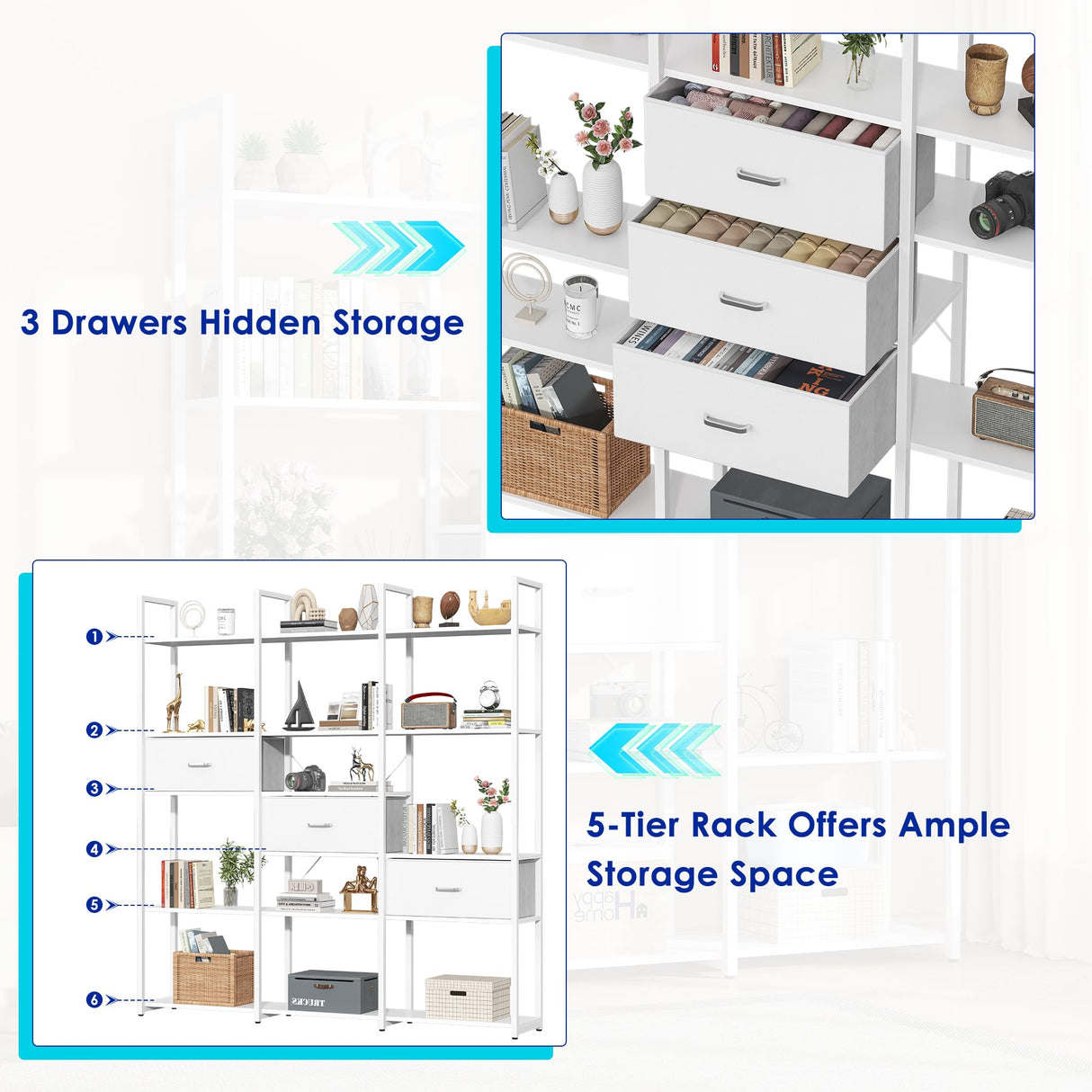 Nosepen 73.6" Tall Bookshelf with 3 Drawers and 16 Storage Shelves, Industrial Bookcase with 16 Open Display Shelves, Large Etagere Bookshelf, Triple Wide Book Shelf Book Case for Home & Office, White Nosepen